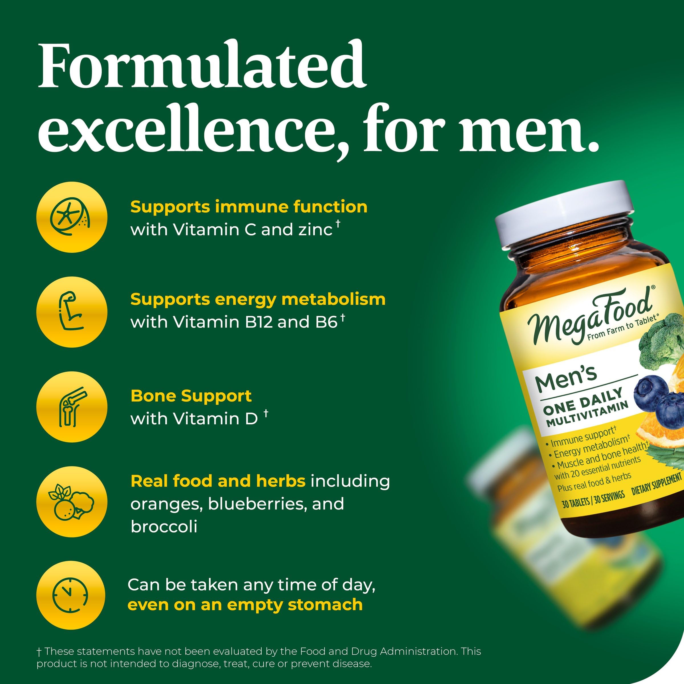 MegaFood Men's One Daily - Multivitamin for Men with Zinc, Selenium, Vitamin B12, Vitamin B6, Vitamin D & Real Food - Immune Support Supplement - Muscle and Bone Health - Vegetarian - 30 Tabs