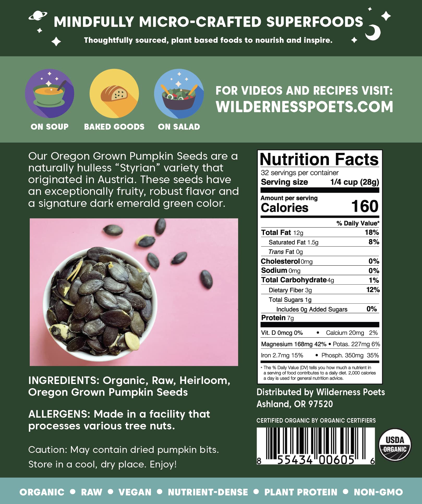 Wilderness Poets Oregon Pumpkin Seeds - Organic, Heirloom, Raw - No Shells, No Salt, Bulk Size (32 Ounce - 2 Pound)