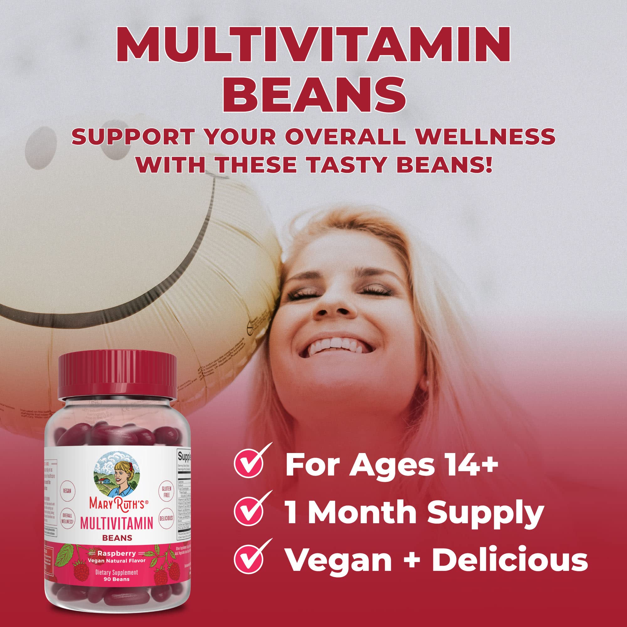 MaryRuth's Multivitamin Multimineral Vita-Beans for Women & Men | Vegan Chewable Vitamins for Ages 14+ | Immune Support, Bone Health | Raspberry Flavor | 90 Count