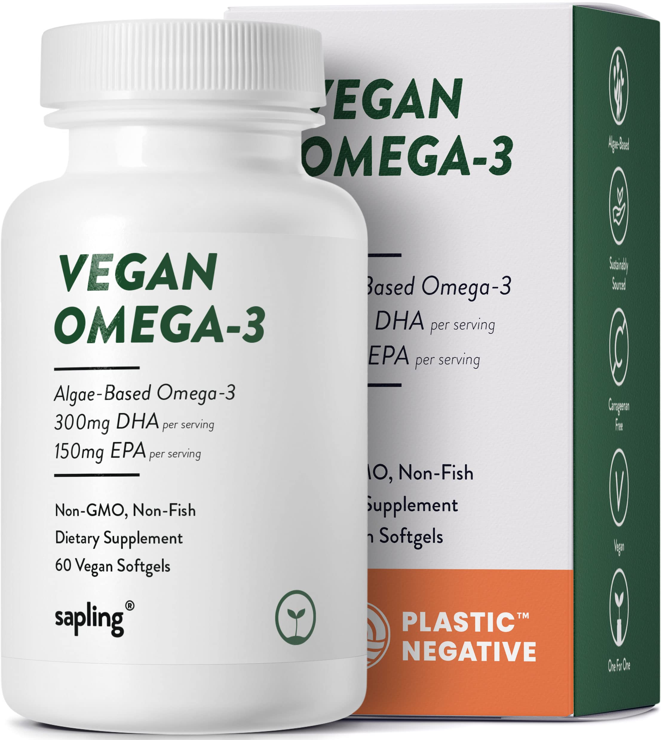 Vegan Omega 3 Supplement - Plant Based DHA & EPA Fatty Acids - Carrageenan Free, Alternative to Fish Oil, Supports Heart, Brain, Joint Health - Sustainably Sourced Algae, Fish Oil Free - 60 Softgels