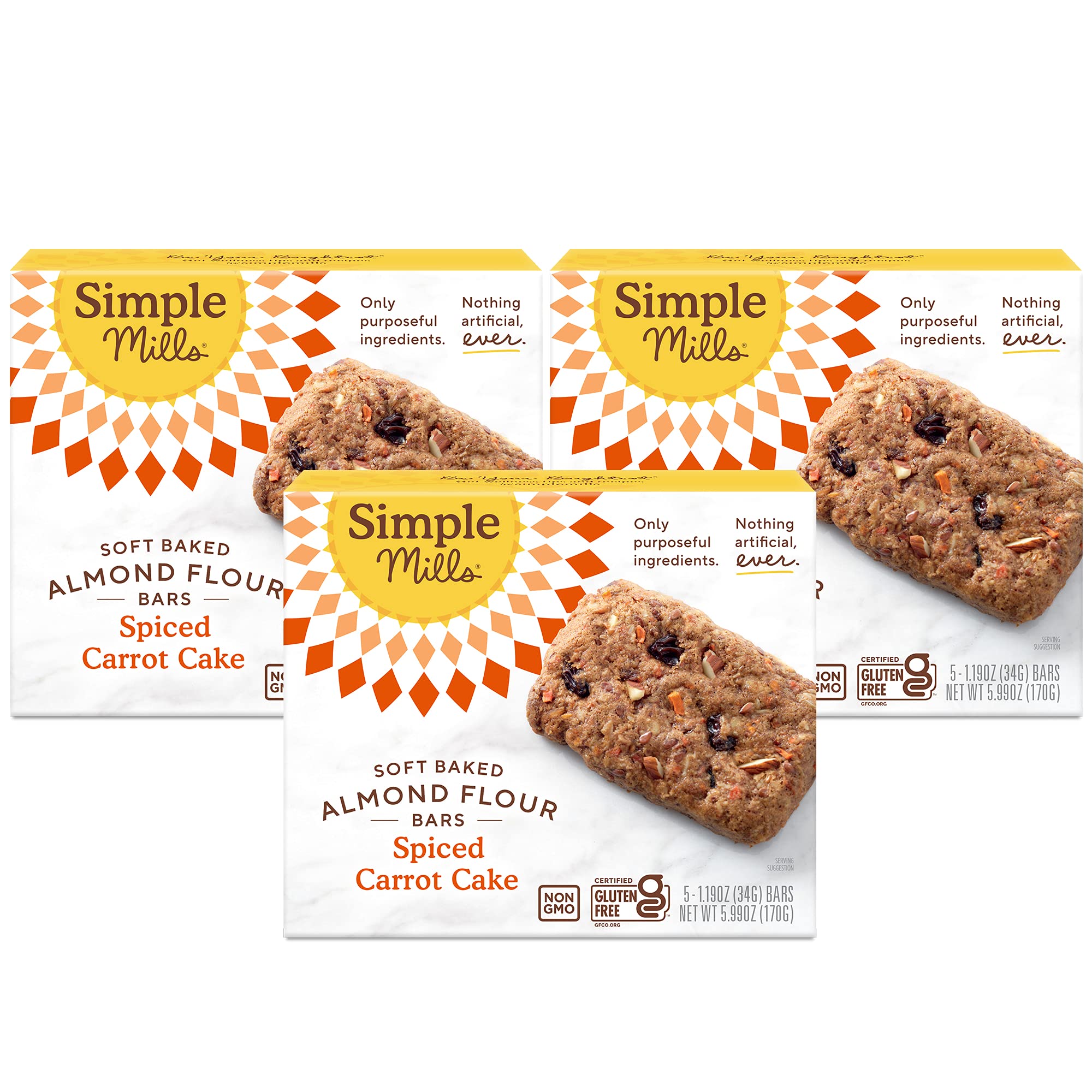 Simple Mills Almond Flour Snack Bars, Spiced Carrot Cake - Gluten Free, Made with Organic Coconut Oil, Breakfast Bars, Healthy Snacks, Paleo Friendly, 6 Ounce (Pack of 3)