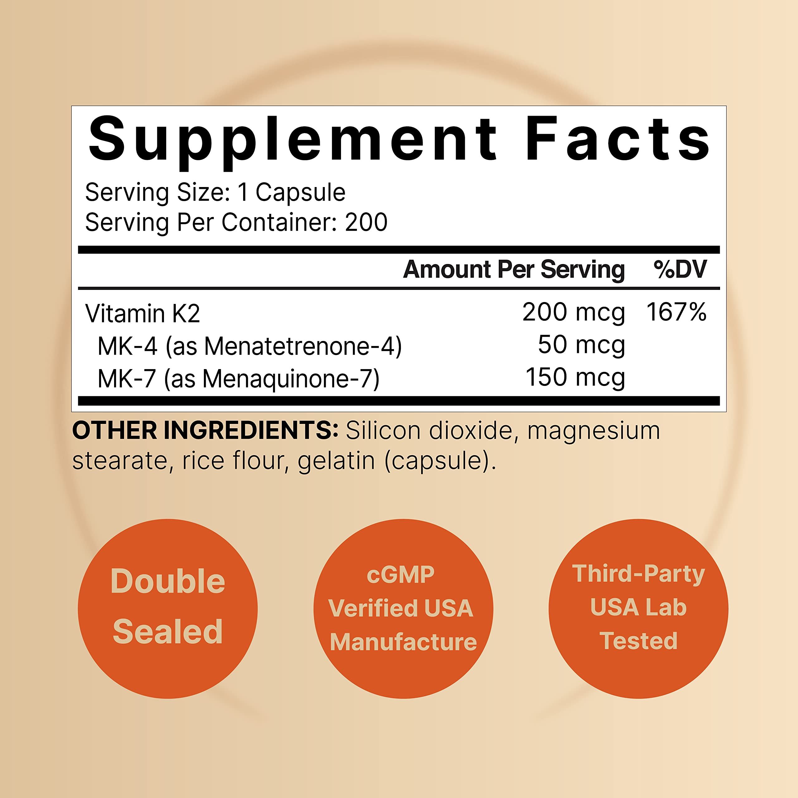 Full Spectrum Vitamin K2 Supplement with MK-7 & MK-4, 200 mcg, 200 Capsules, 2 in 1 Formula, Vitamin K2 Complex Supplement, Supports Joint and Heart Health, Non-GMO