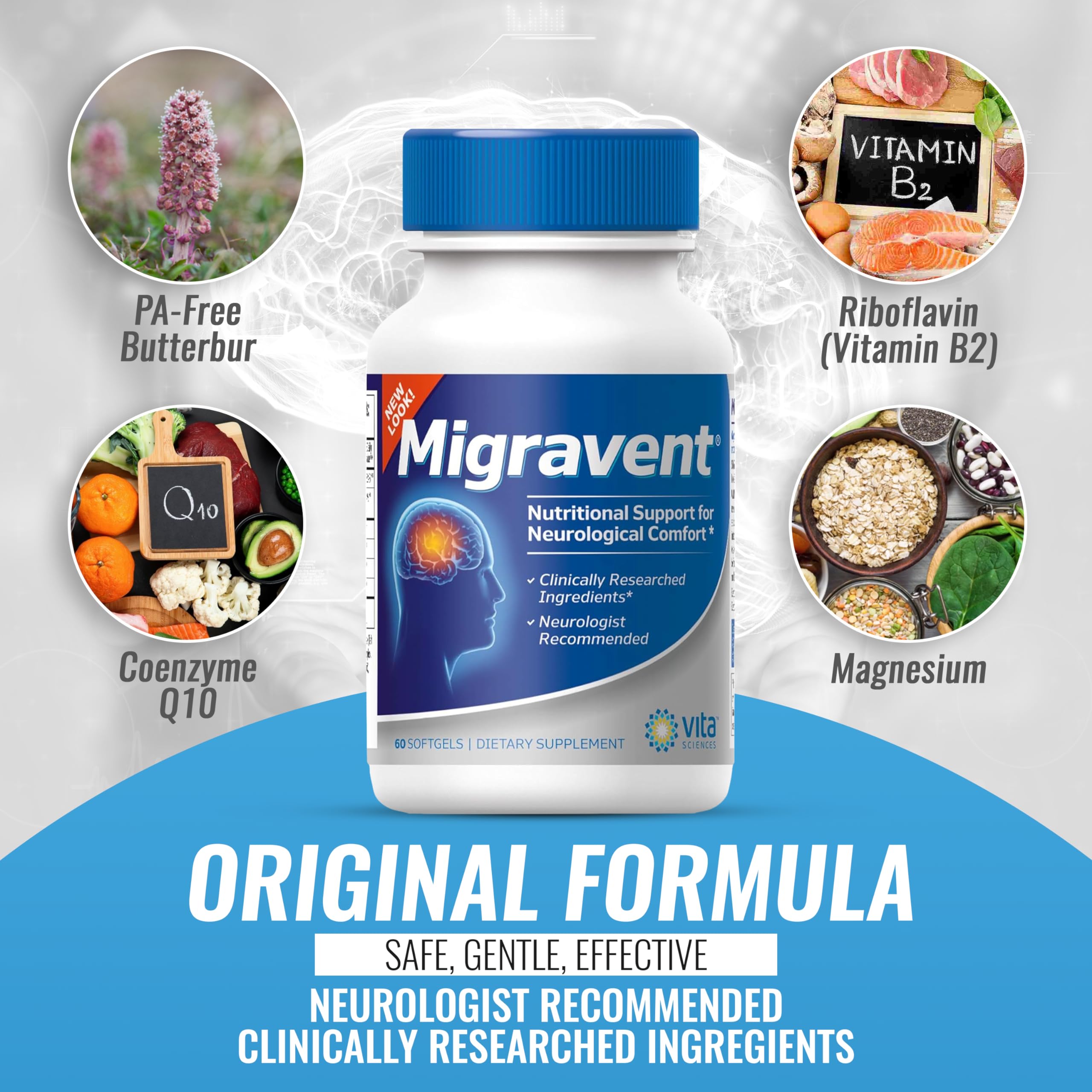 Vita Sciences Migravent Migraine Relief Supplement w/Vitamin B2, Riboflavin, Magnesium, Coenzyme CoQ10, PA-Free Butterbur, Bioperine, Premium Herbal Extracts 60 Count