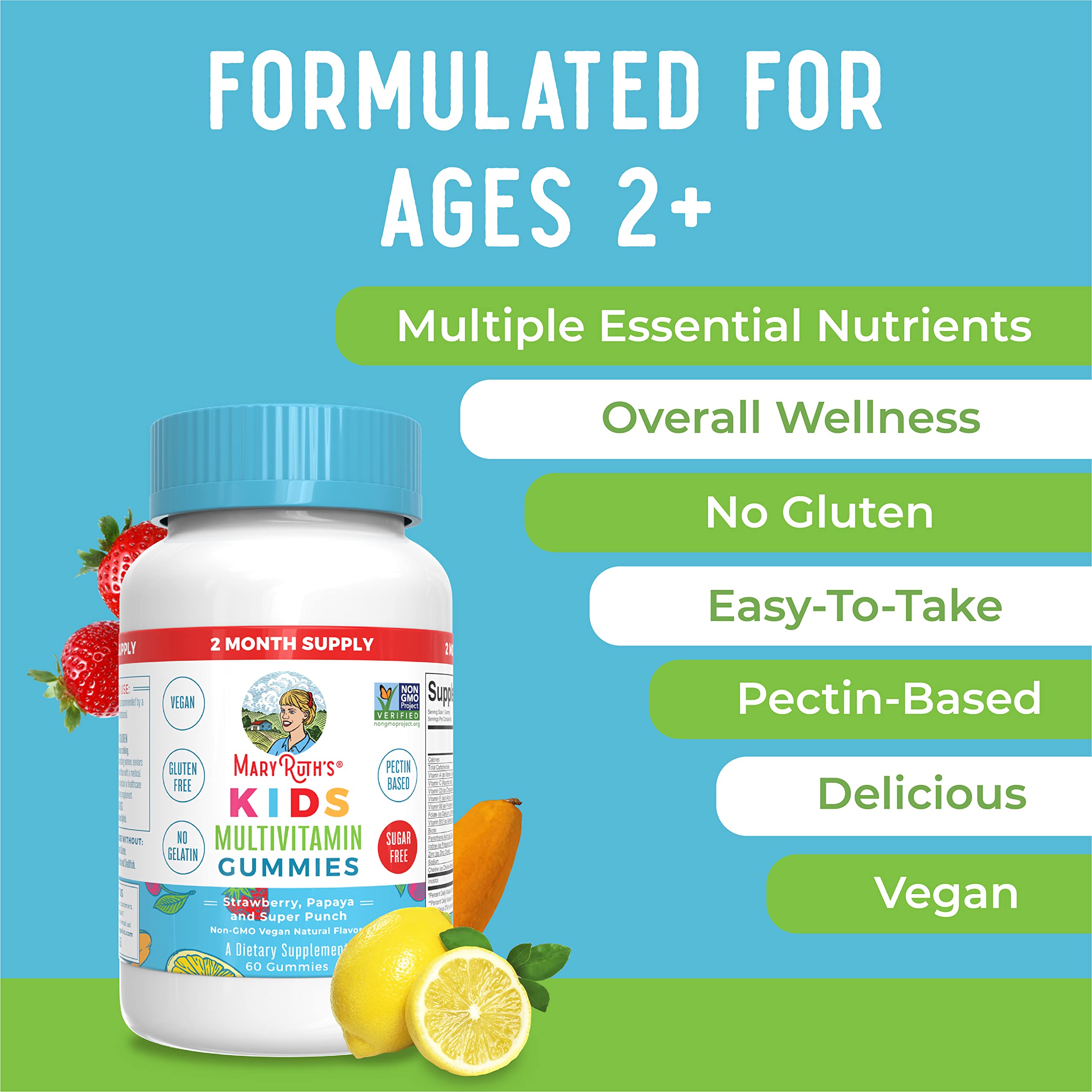 MaryRuth's Kids Multivitamin Gummies | Sugar Free | 2 Month Supply | Kid & Toddlers Age 2+ Daily Multivitamin: Vitamin C, D3, Zinc | Kids Vitamins | Only 1 Gummy Per Day | 60 Ct (60 Day Supply)