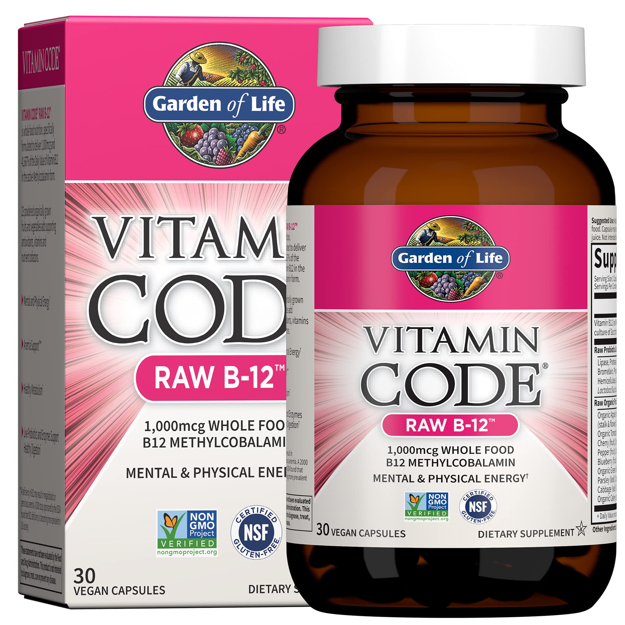 Garden of Life B12 - Vitamin Code Raw - 30 Capsules, 1,000mcg Whole Food Methylcobalamin for Energy, Vegan B12 Vitamin plus Probiotics & Enzymes, Gluten Free Supplements