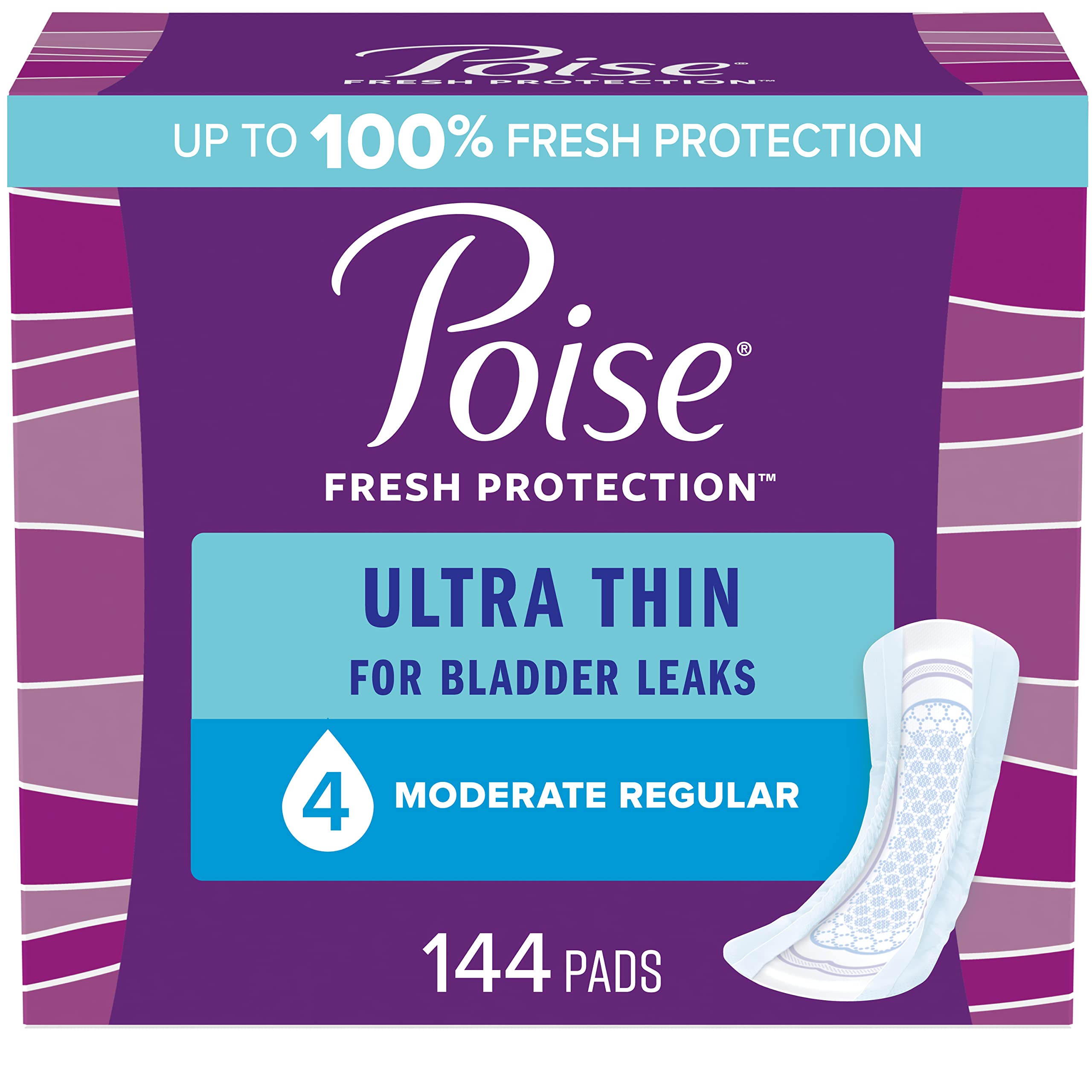 Poise Ultra Thin Incontinence Pads & Postpartum Incontinence Pads, 4 Drop Moderate Absorbency, Regular Length, 144 Count