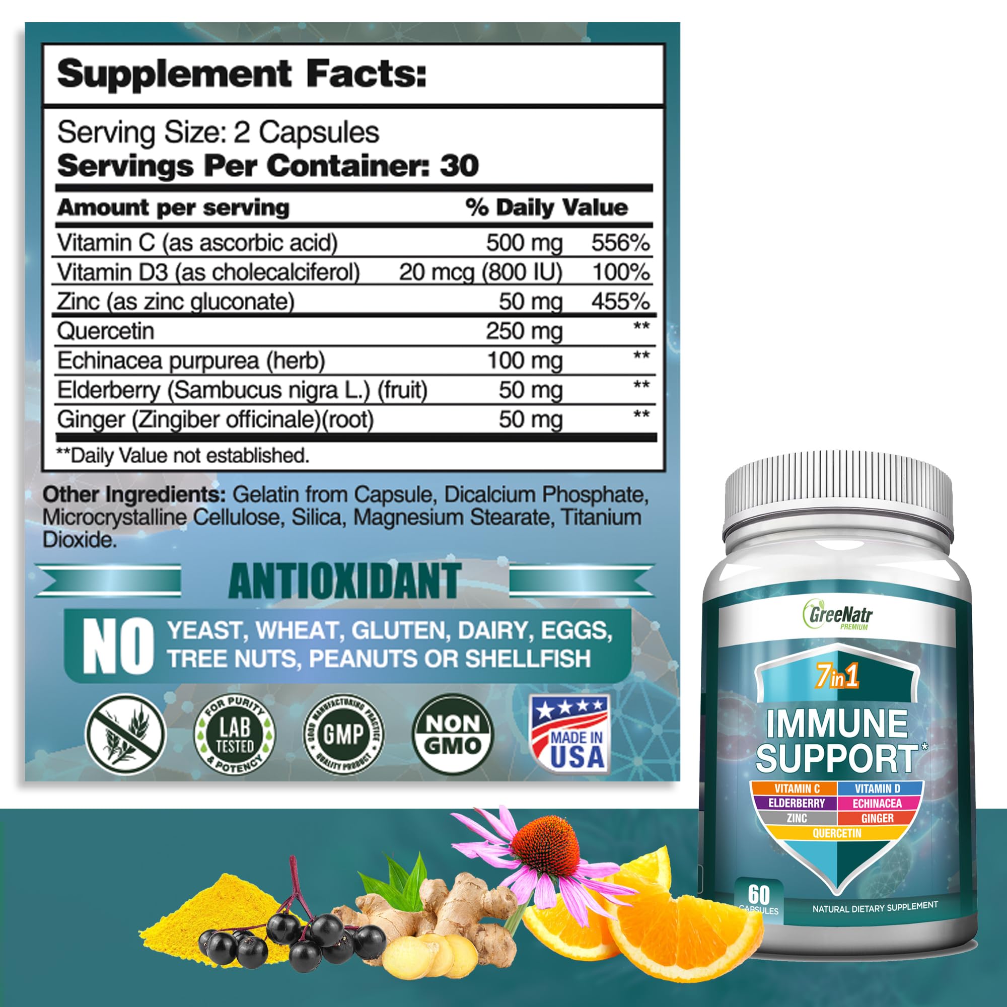 GreeNatr 7 in 1 Immune Support Supplement with Vitamin C, D3, Zinc 50mg, Quercetin, Echinacea Purpurea, Sambucus Elderberry and Ginger for Complete Immune Defense - 60 Capsules (1 Bottle)