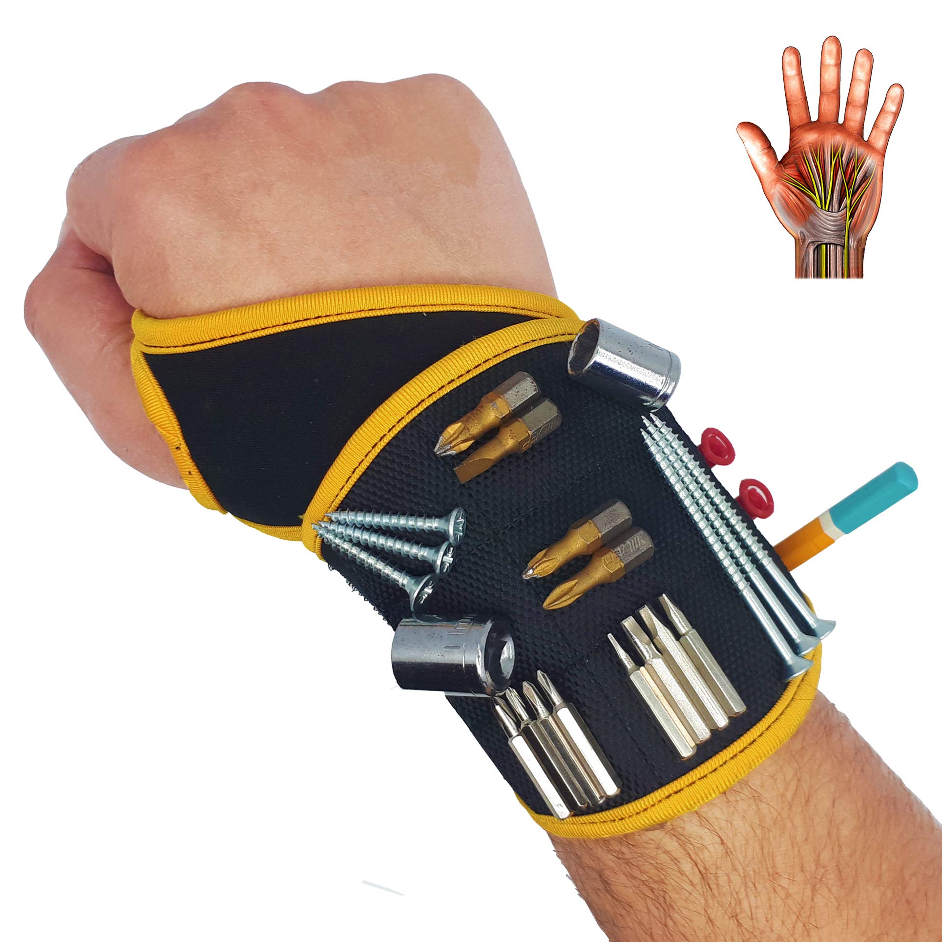 BINYATOOLS Magnetic Wristband -Black- with Super Strong Magnets Holds Screws, Nails, Drill Bit. Unique Wrist Support Design Cool Handy Gadget Gifts for Fathers, Boyfriends, Handyman, Electrician