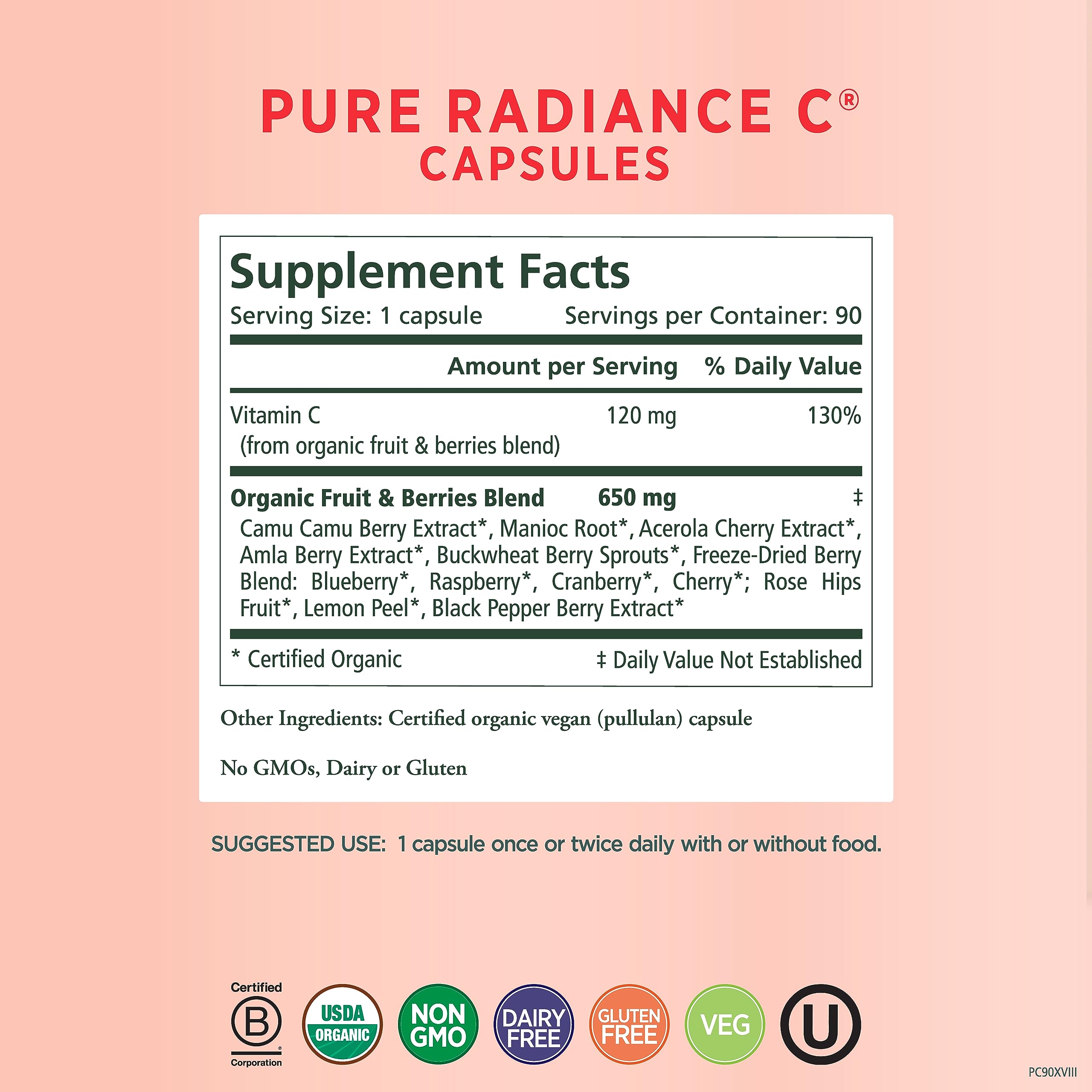 PURE SYNERGY Pure Radiance C | Organic Vitamin C Capsules | 100% Natural, Whole Food, Non-GMO Supplement with Camu Camu Extract | for Immune and Collagen Support (90 Capsules)