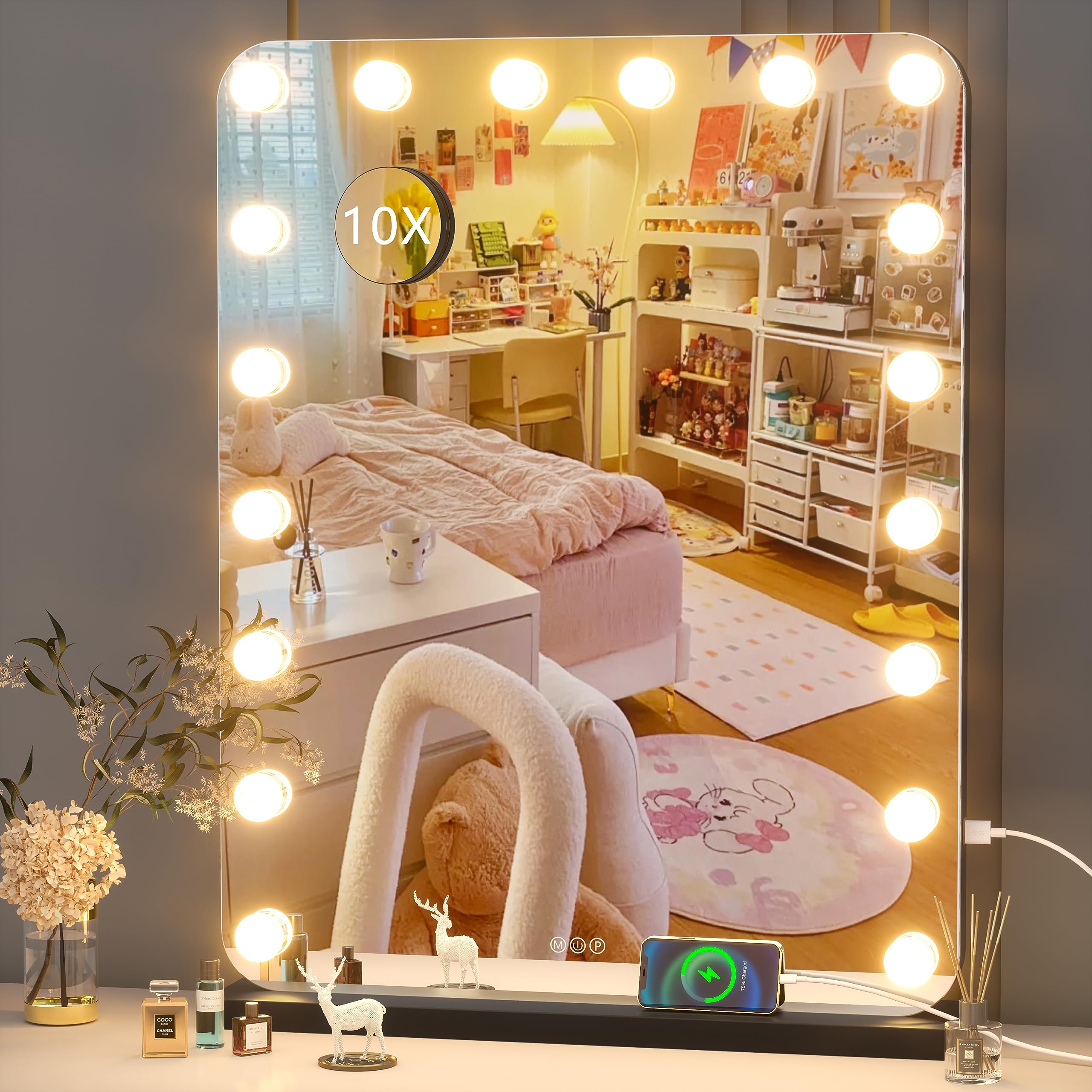 Hasipu Vanity Mirror with Lights, 22" x 28" Hollywood Mirror, Makeup Mirror with 18 Dimmable Bulbs and 10X Magnification, 3 Colors Modes, Touch Control, USB Charging Port