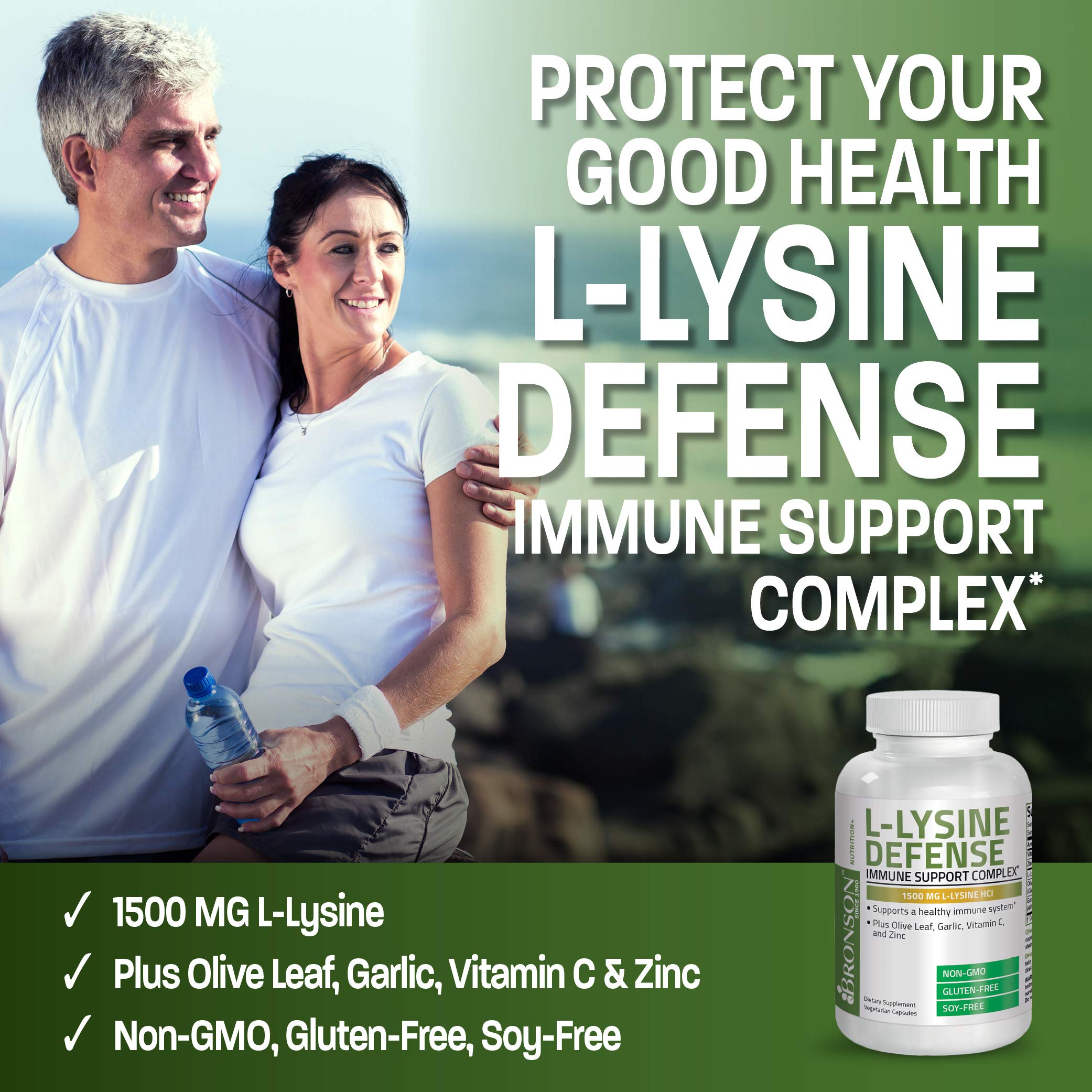 Bronson L-Lysine Defense Immune Support Complex 1500 MG L-Lysine Plus Olive Leaf, Garlic, Vitamin C and Zinc - Non-GMO, 90 Vegetarian Capsules