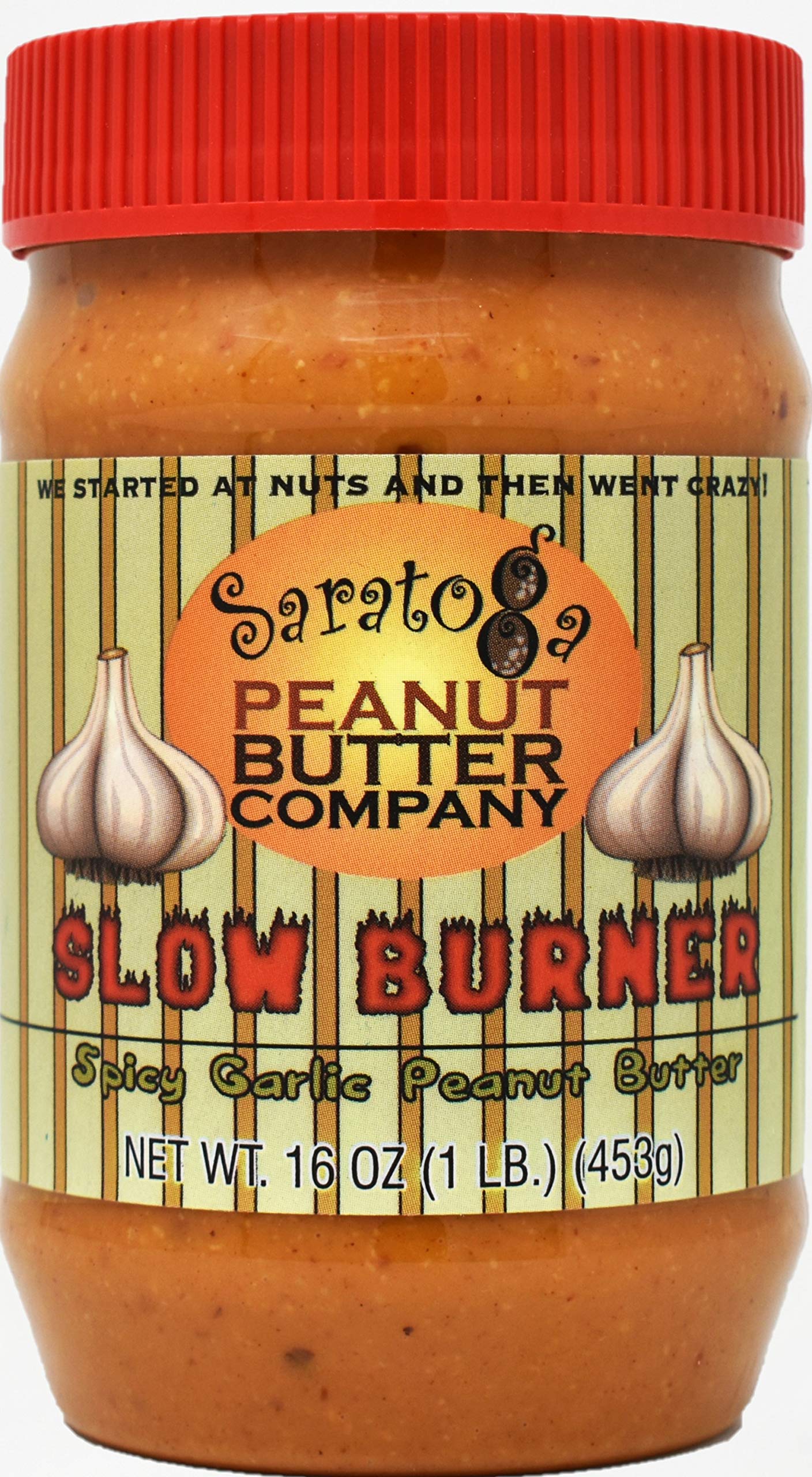 Saratoga Peanut Butter Company Slow Burner Spicy Garlic. 16 Ounce Jar. Low Sugar, Non GMO, Gluten Free, Keto Friendly, No Palm Oils., 16 oz jar