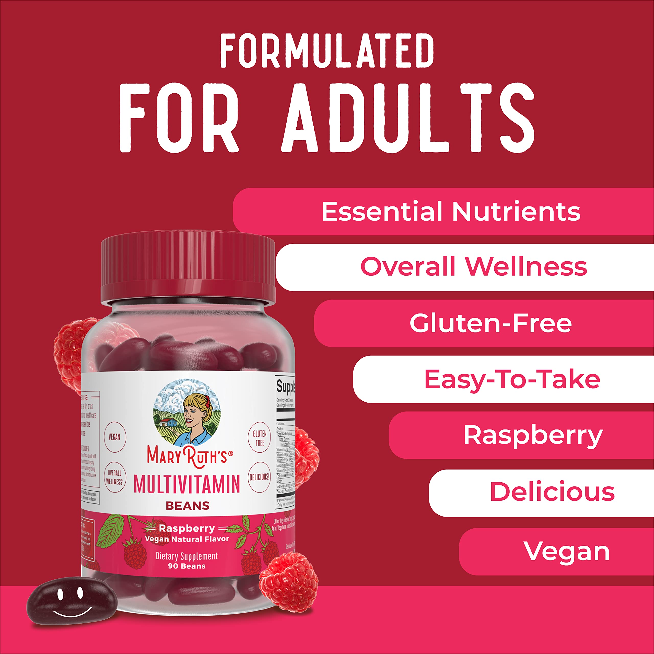 MaryRuth's Multivitamin Multimineral Vita-Beans for Women & Men | Vegan Chewable Vitamins for Ages 14+ | Immune Support, Bone Health | Raspberry Flavor | 90 Count