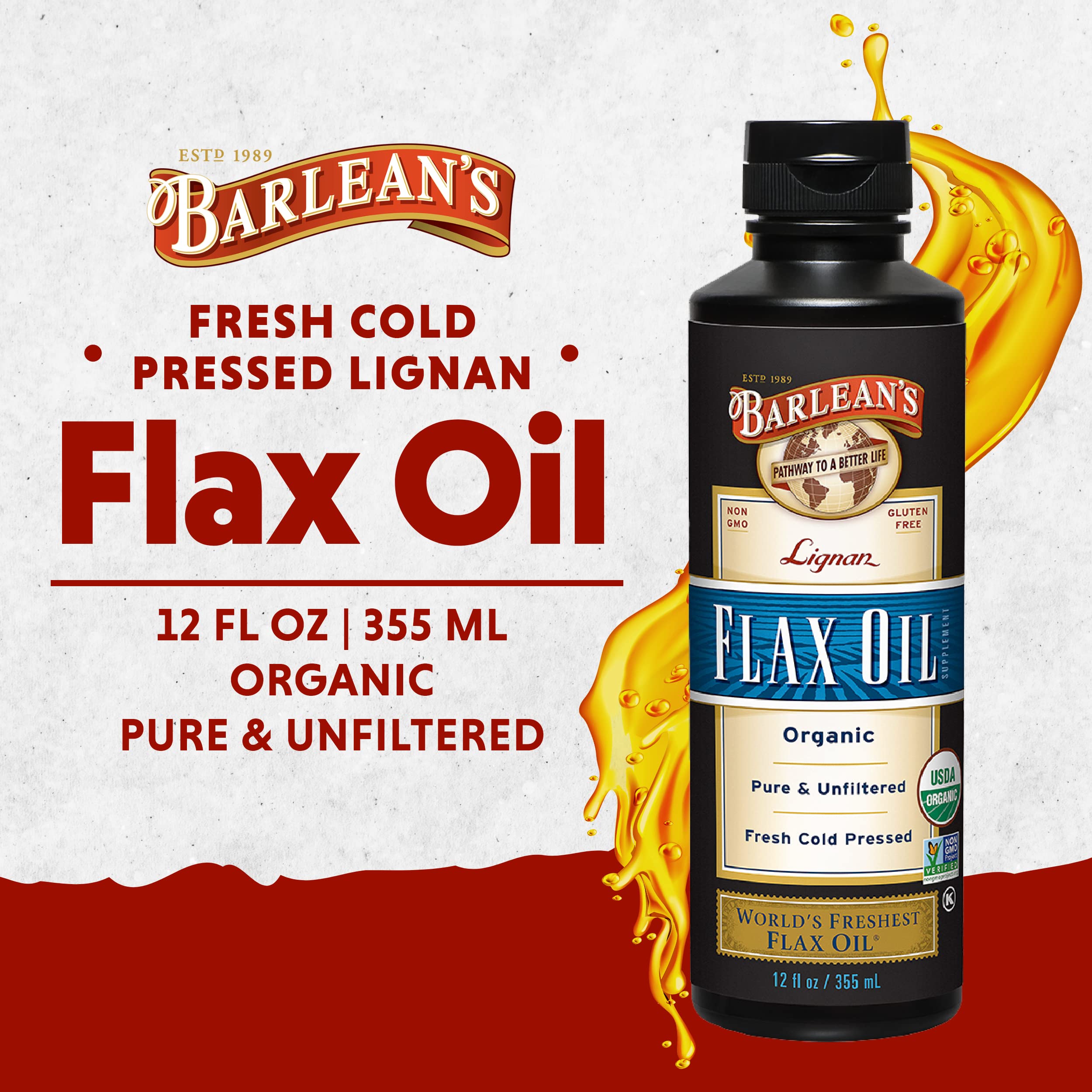 Barlean's Organic Lignan Flaxseed Oil Liquid Supplement from Cold Pressed Flax Seeds, 7,230 mg ALA Omega-3 Fatty Acids for Healthy Hair, Skin, and Eyes, Gluten Free, 12 oz