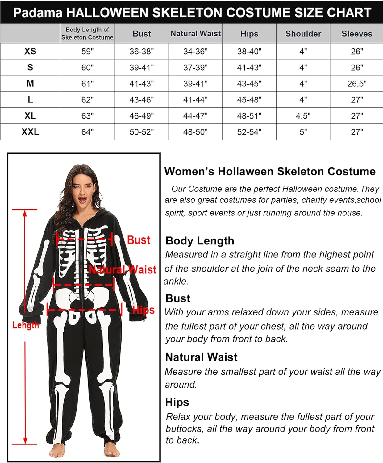 Padama Adult Women's Skeleton Halloween Costume - Unisex Skeleton jumpsuit Plush Pajamas Onesie, Cozy Halloween Adult One Piece Cosplay Skeleton Costumes for Women M