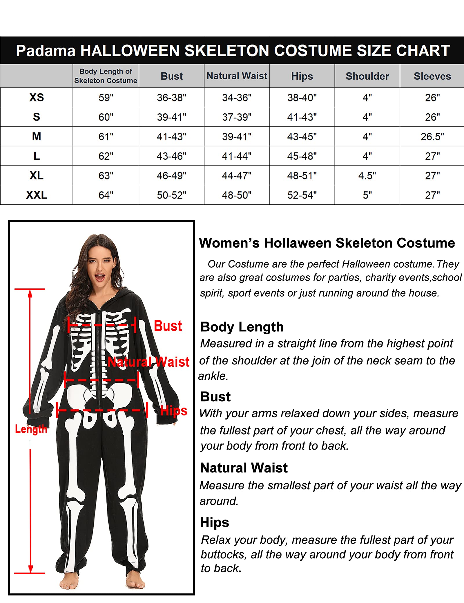 Padama Adult Women's Skeleton Halloween Costume - Unisex Skeleton jumpsuit Plush Pajamas Onesie, Cozy Halloween Adult One Piece Cosplay Skeleton Costumes for Women M