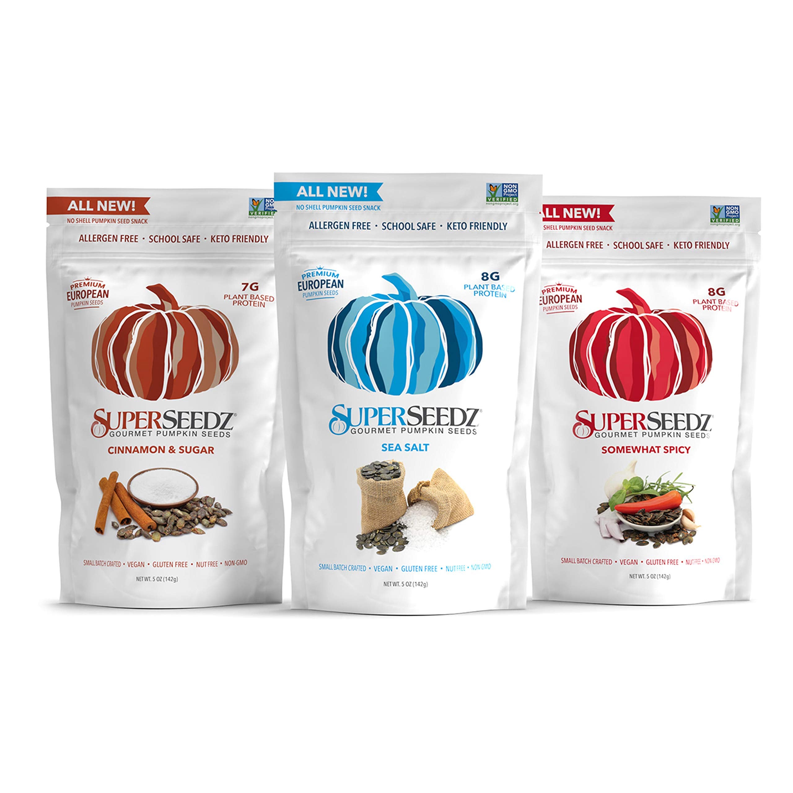 Superseedz Gourmet Roasted Pumpkin Seeds | Sea Salt | Whole 30, Paleo, Vegan & Keto Snacks | 8g Plant Based Protein | Produced In USA | Dairy Free | Nut Free | Gluten Free Snack | (6-pack, 5oz each)