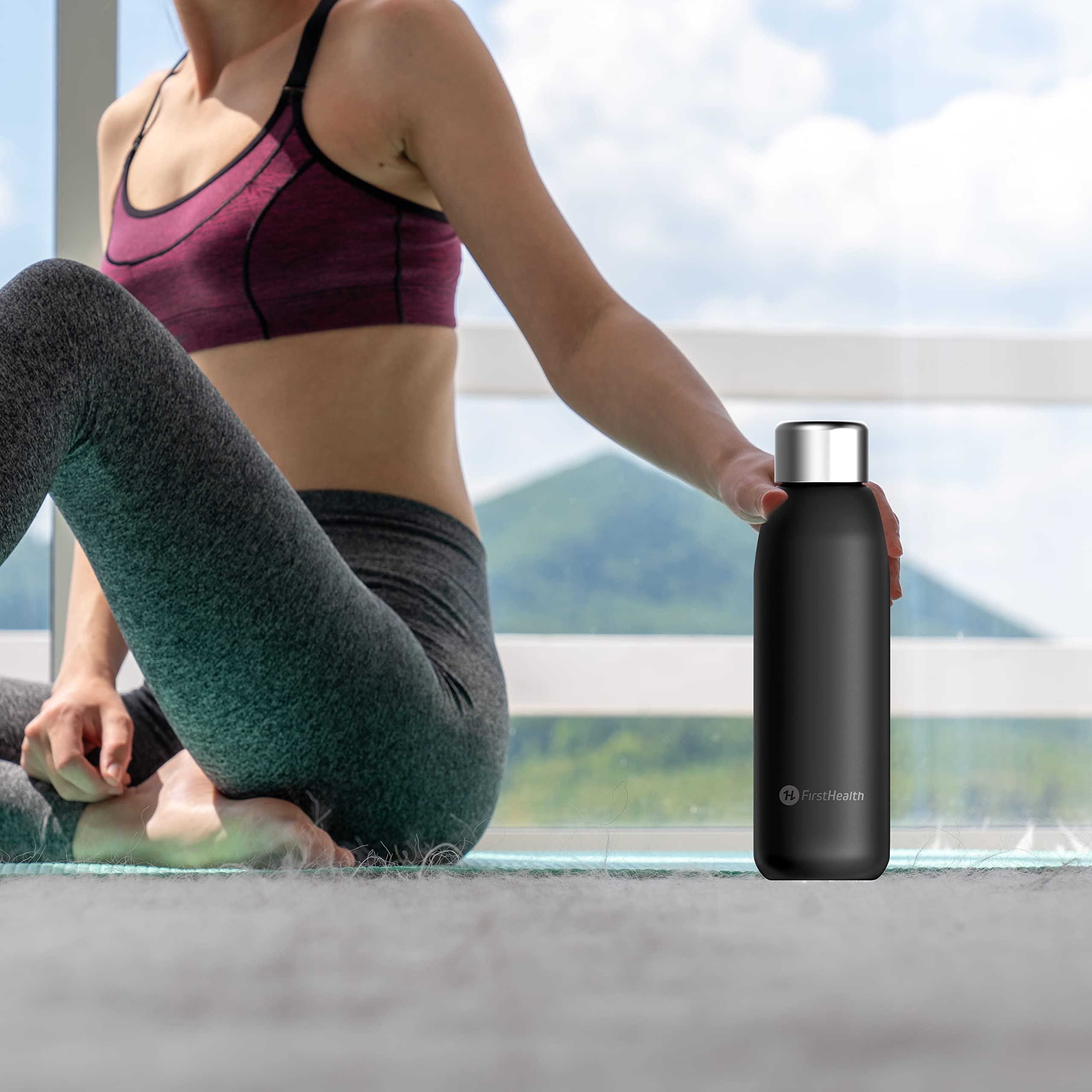 First Health Self Cleaning Insulated Stainless-Steel Water Bottle, 18 oz Rechargeable, Reusable, UV Water Sanitizer, Kills 99.9% of Germs, Bacteria, Keeps Hot for 12 Hours or Cold for 24 Hours