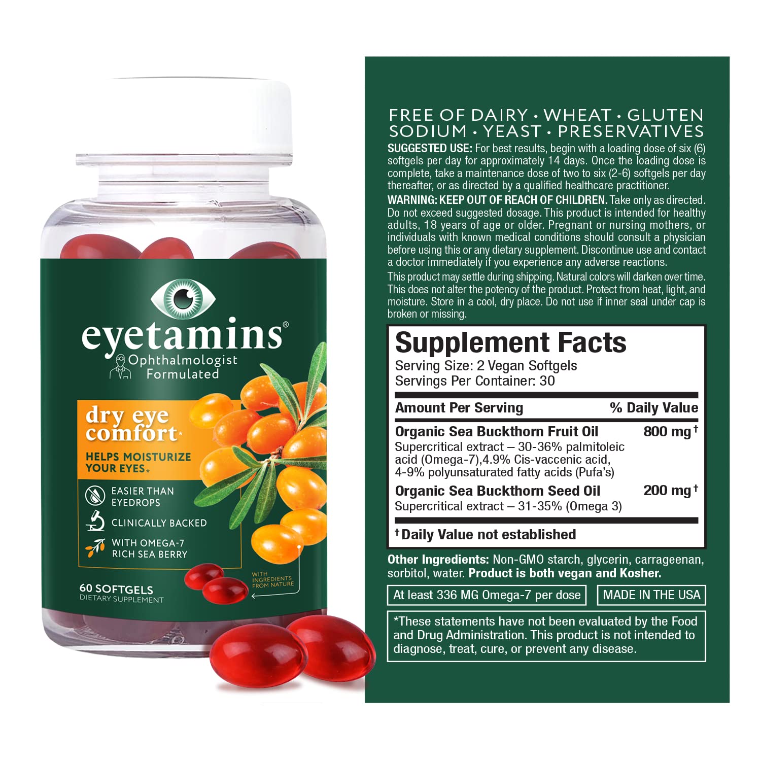 eyetamins Dry Eye Comfort - 60 Softgels - Ophthalmologist - Formulated, Natural - Himalayan Sea Buckthorn Oil - Vegan and Non-GMO Formula