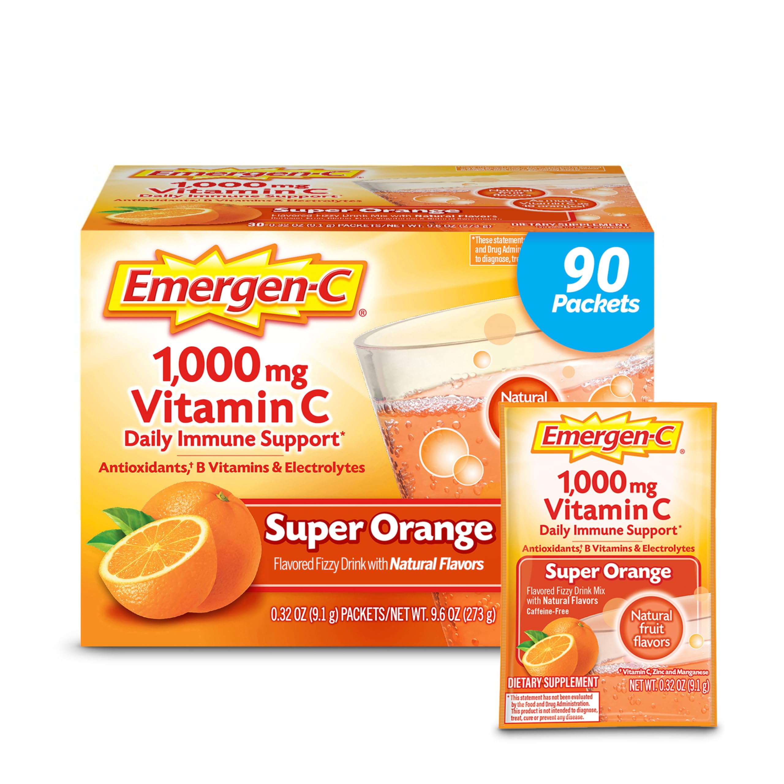 Emergen-C 1000mg Vitamin C Powder for Daily Immune Support Caffeine Free Vitamin C Supplements with Zinc and Manganese, B Vitamins and Electrolytes, Super Orange Flavor - 90 Count/3 Month Supply