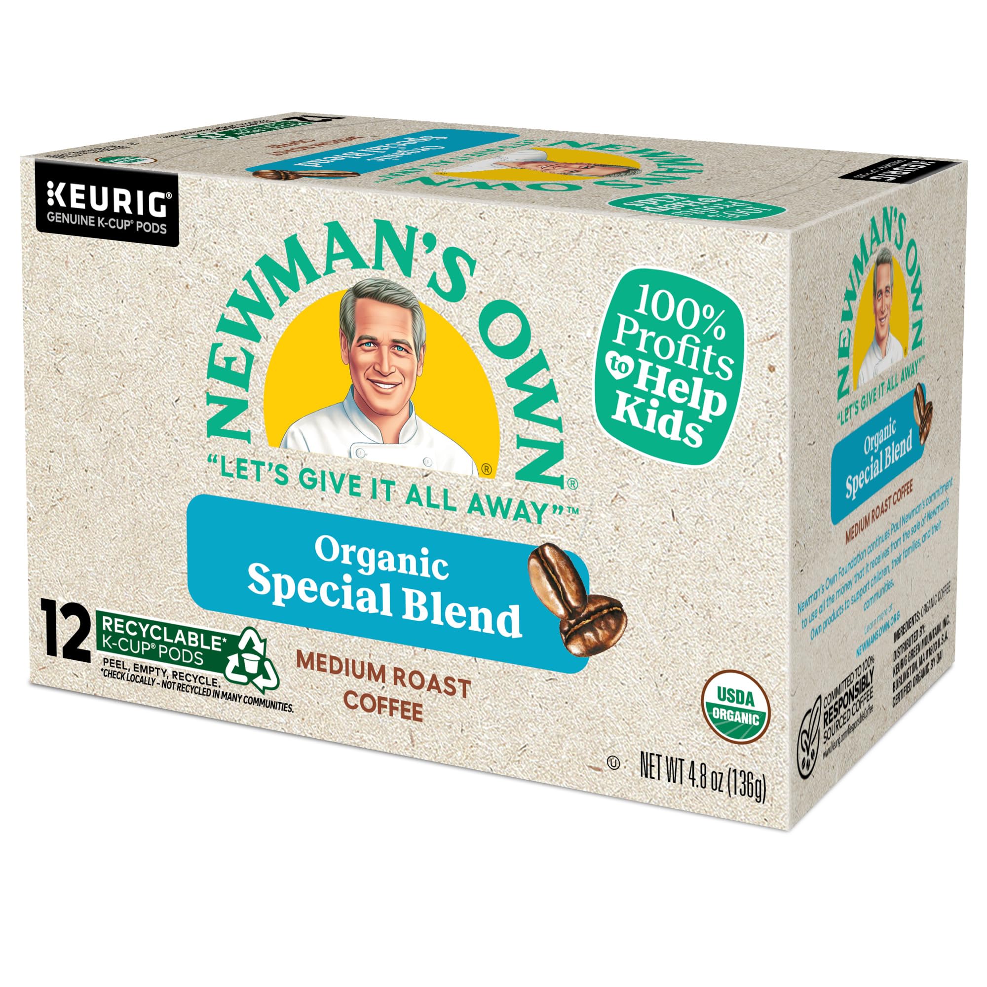 Newman's Own Organics Special Blend Keurig Single-Serve K-Cup Pods, Medium Roast Coffee, 72 Count (6 Packs of 12)