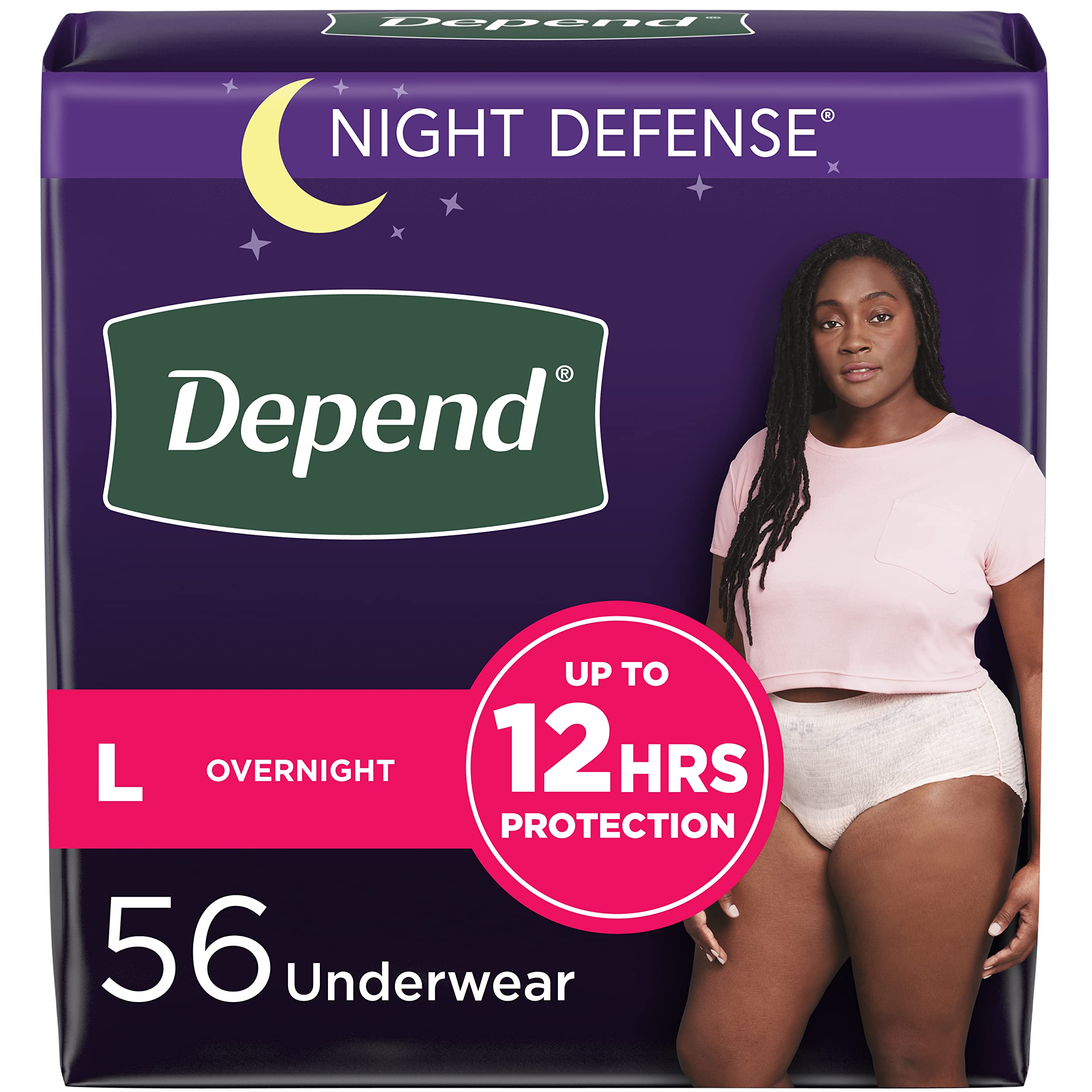 Depend Night Defense Adult Incontinence Underwear for Women, Disposable, Overnight, Large, Blush, 56 Count, Packaging May Vary