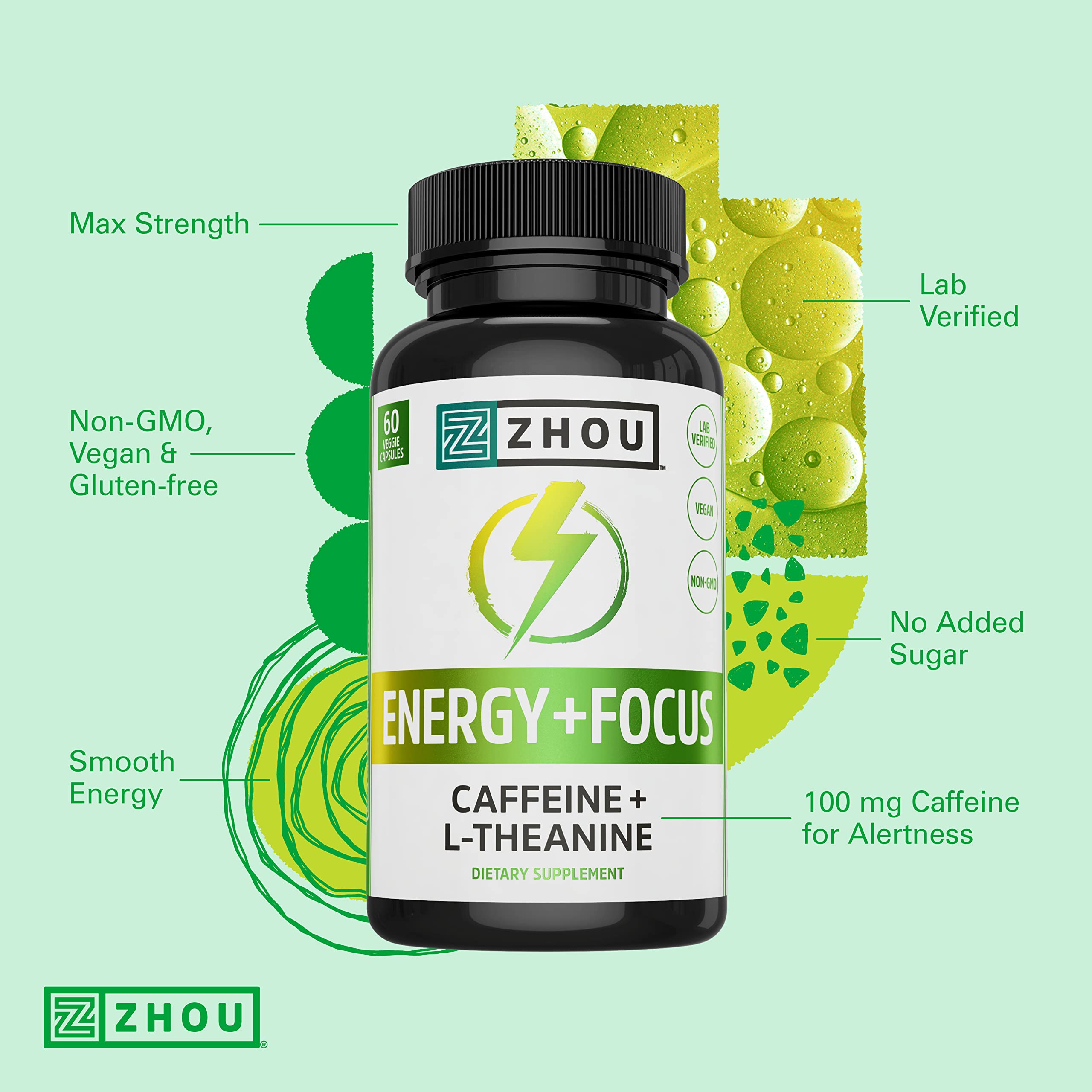 Zhou Energy + Focus | Caffeine with L-Theanine | Focused Energy for Your Mind & Body | #1 Nootropic Stack for Cognitive Performance | 60 VegCaps