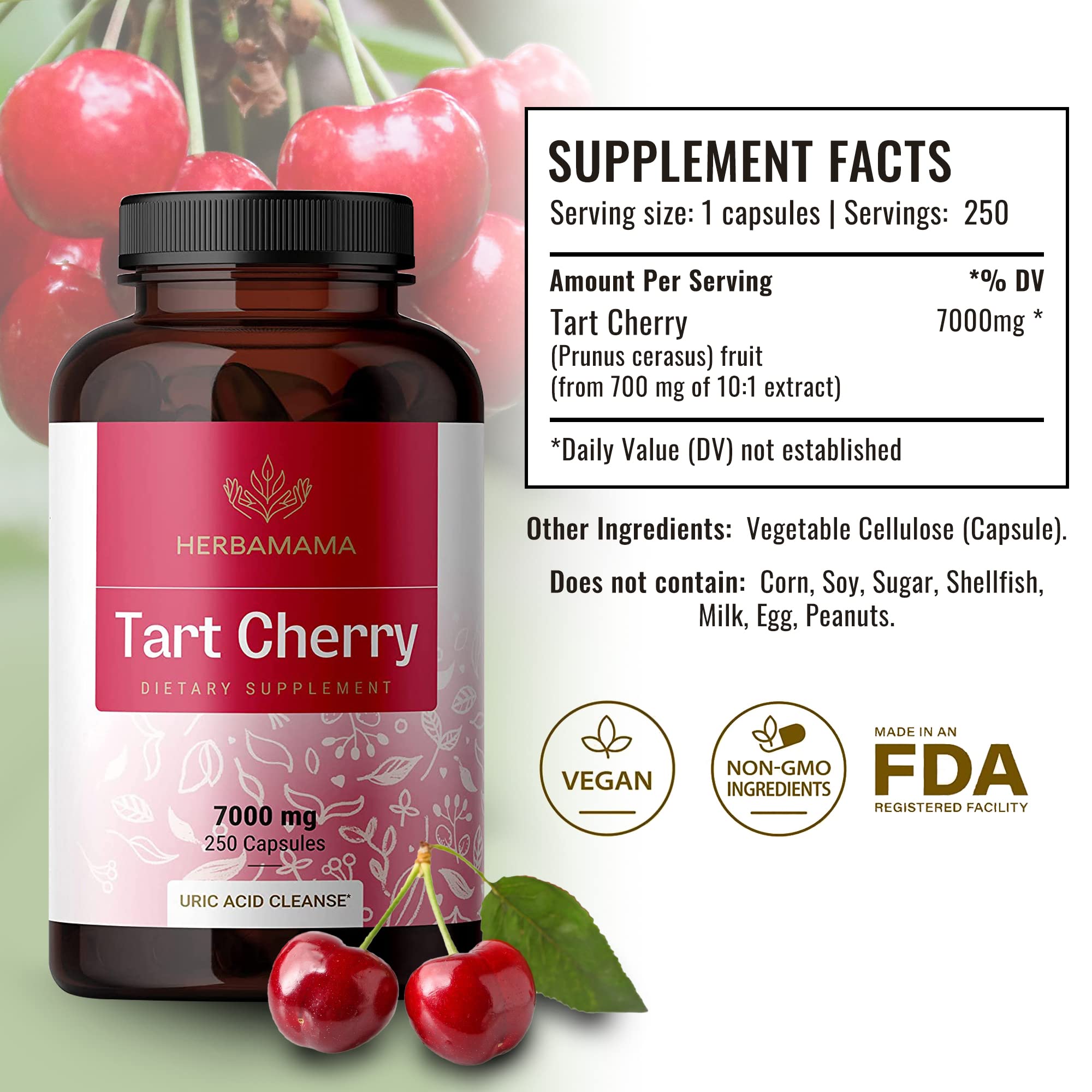 HERBAMAMA Tart Cherry Extract Capsules - Tart Cherry Extract Supplement -Nutritional Tart Cherry Capsules - Non-GMO 7000 mg, 250 Caps