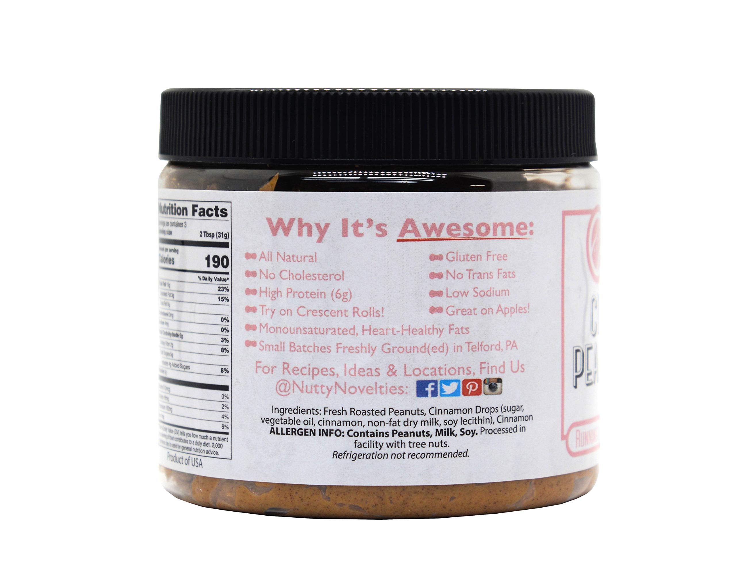 Nutty Novelties Cinnamon Peanut Butter - High Protein, Low Sugar Healthy Peanut Butter - All-Natural Peanut Butter Free of Cholesterol, Preservatives & Salt - Crunchy Peanut Butter - 15 Ounces