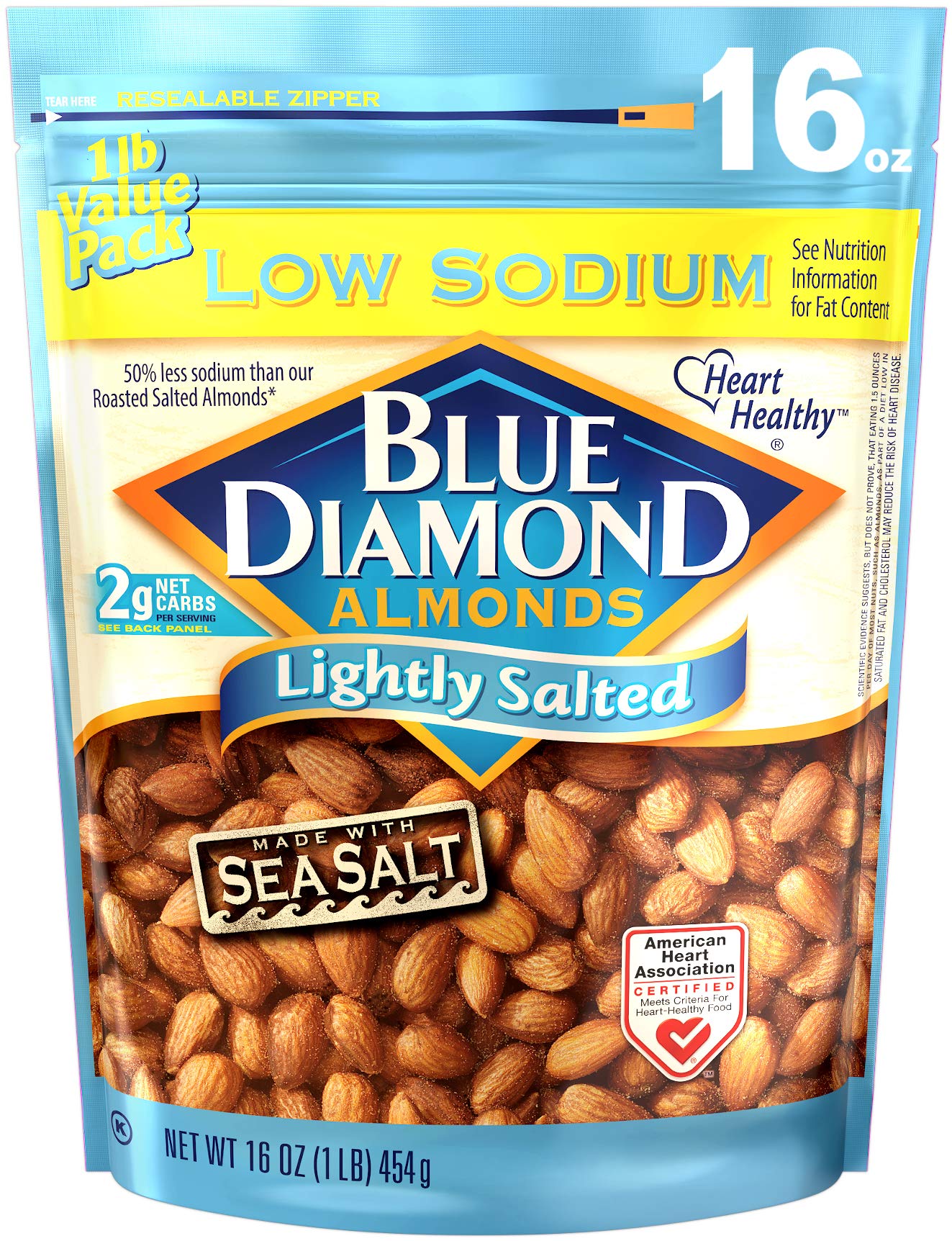 Blue Diamond Almonds Low Sodium Lightly Salted Snack Nuts, 16 Oz Resealable Bag (Pack of 1)