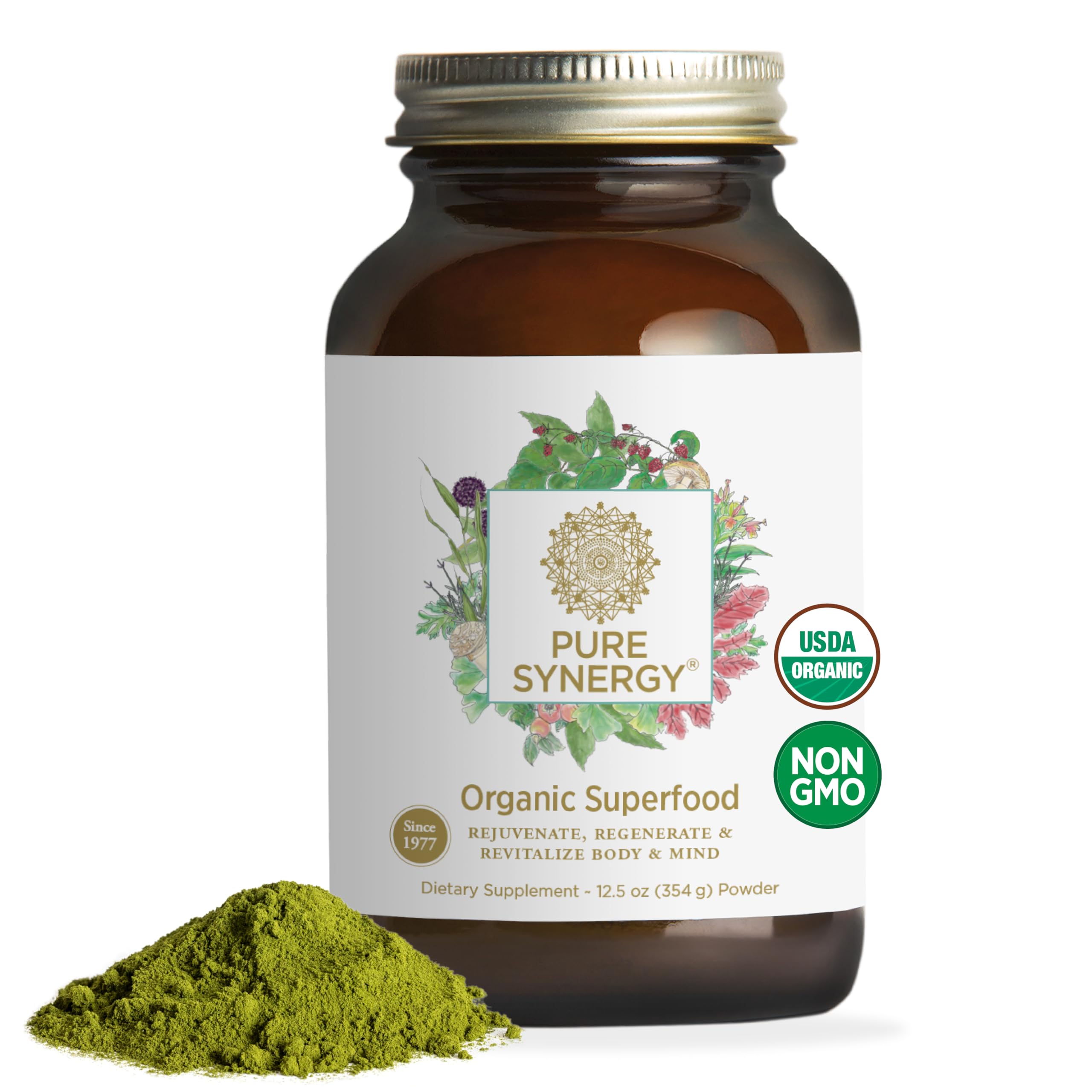 PURE SYNERGY Organic Superfood Powder | Organic Green Superfood Powder | Whole Food Supplement with Organic Greens, Spirulina and Mushrooms | For Energy, Healthy Aging, and Immune Health (12.5 ounces)