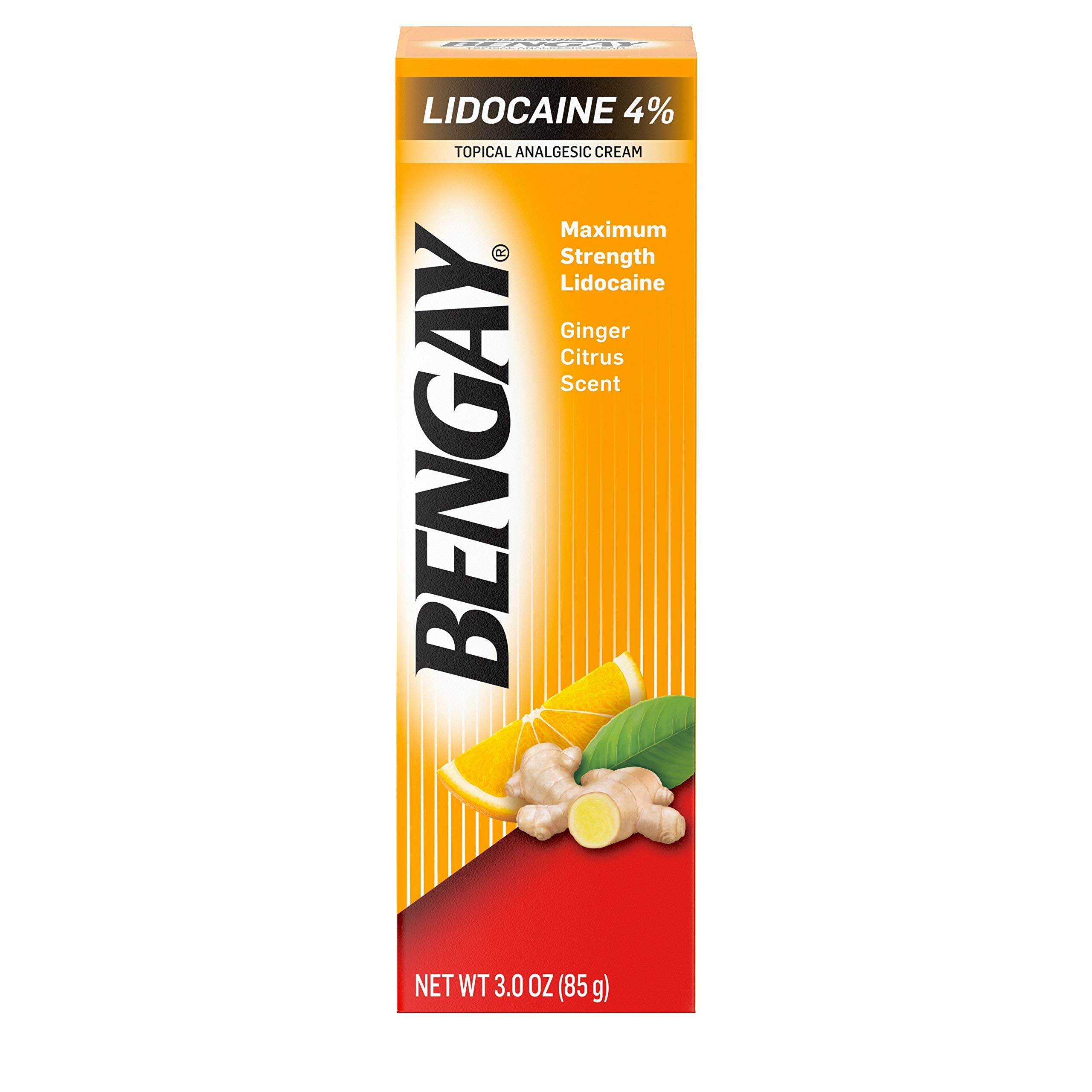 Bengay Pain Relieving Lidocaine Cream, Non-Greasy Topical Analgesic Cream with The Maximum Strength Numbing Relief of 4% Lidocaine HCl, Pleasant and Soothing Ginger Citrus Scent, 3 oz