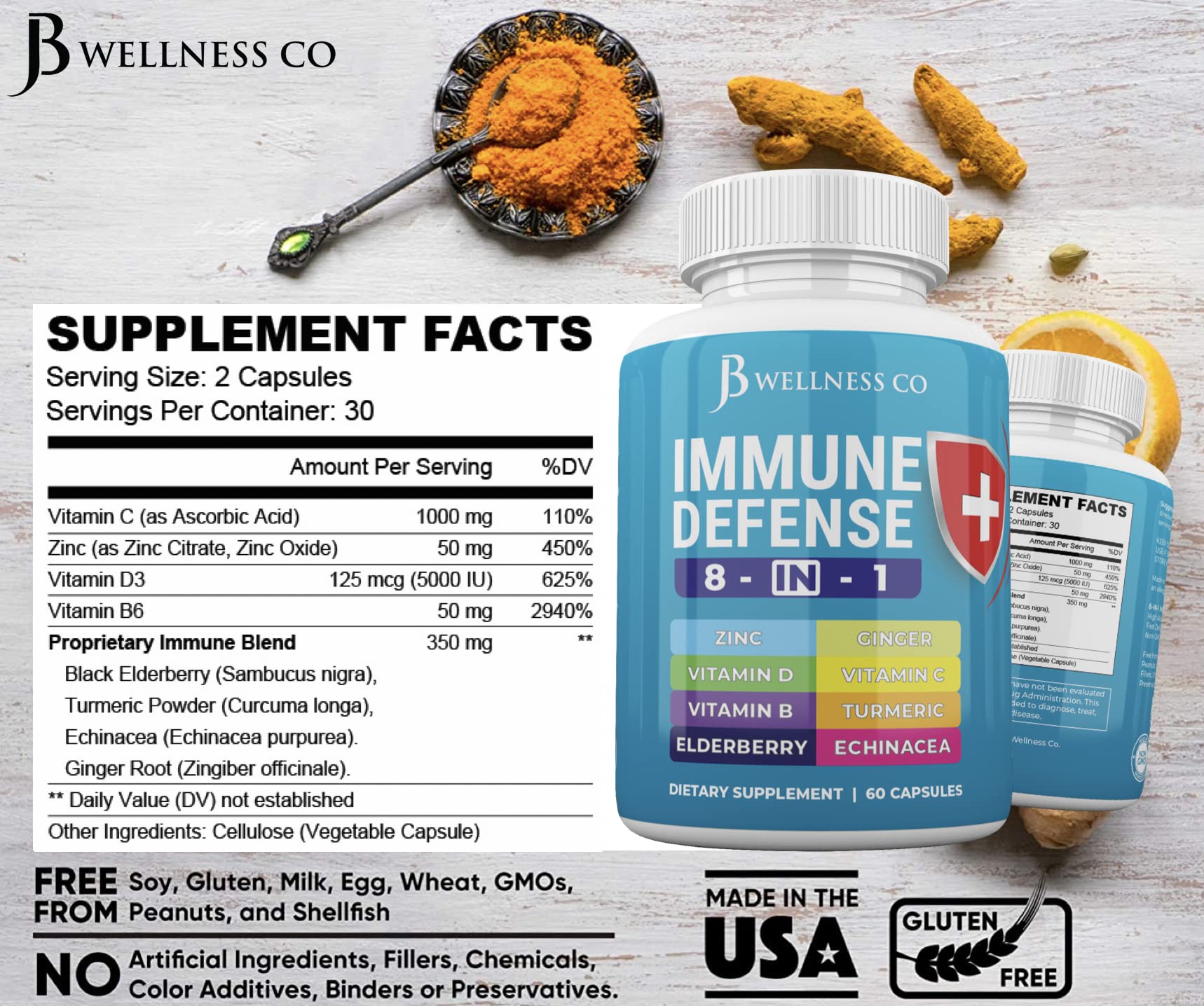 JB WELLNESS CO Immune Support 8 in 1 Capsules - Zinc Supplement, Vitamin D3 5000 IU, Vitamin C 1000MG and Elderberry - Immune Booster Ginger Root, and Turmeric - [2-Pack]