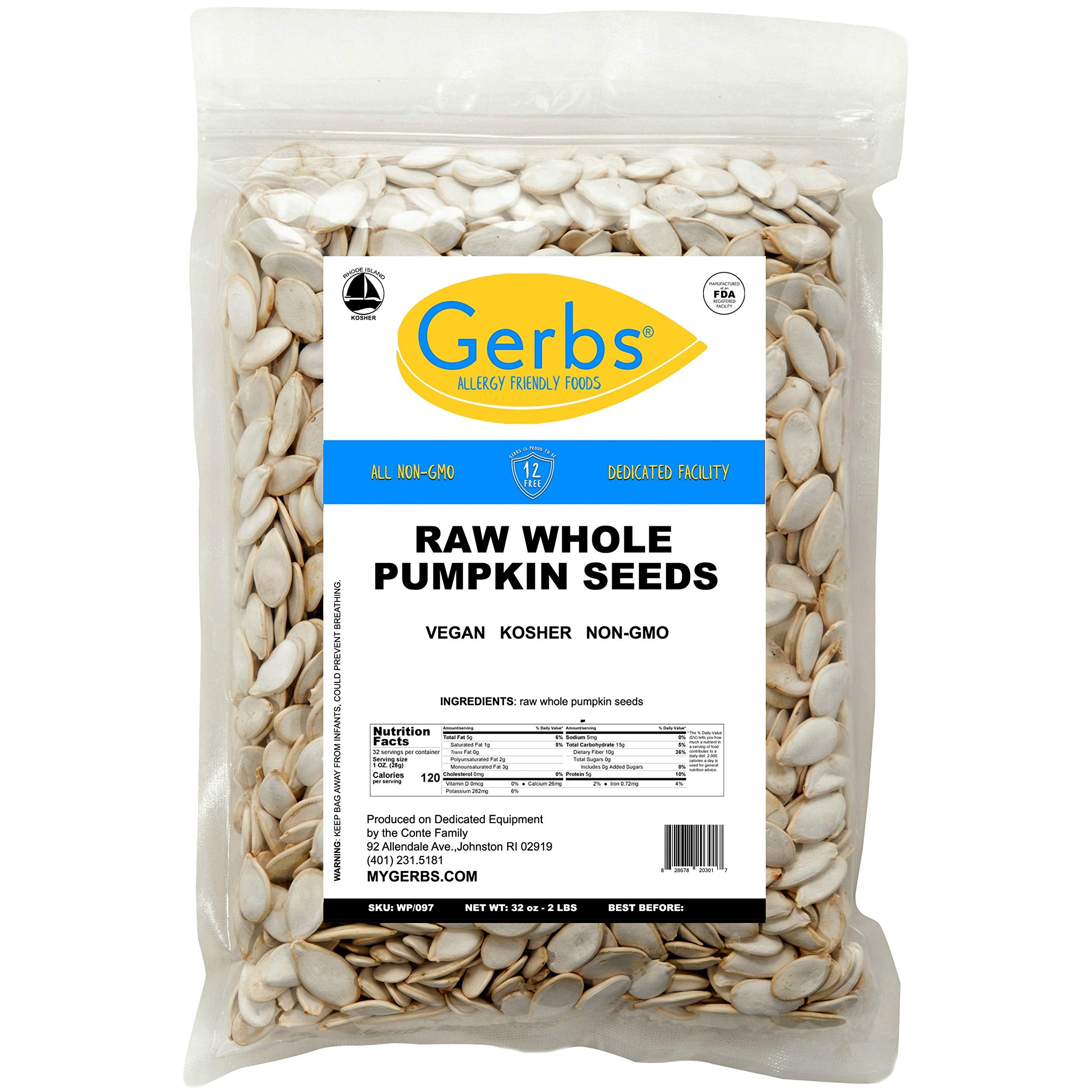 GERBS Raw Whole Pumpkin Seed (Pepitas) In Shell 2 lbs, Top 14 Allergy Free Foods, Healthy Superfood Snack, Non GMO, No Oils, No Preservatives, Resealable Bag, Gluten Free, Vegan, Keto, Kosher