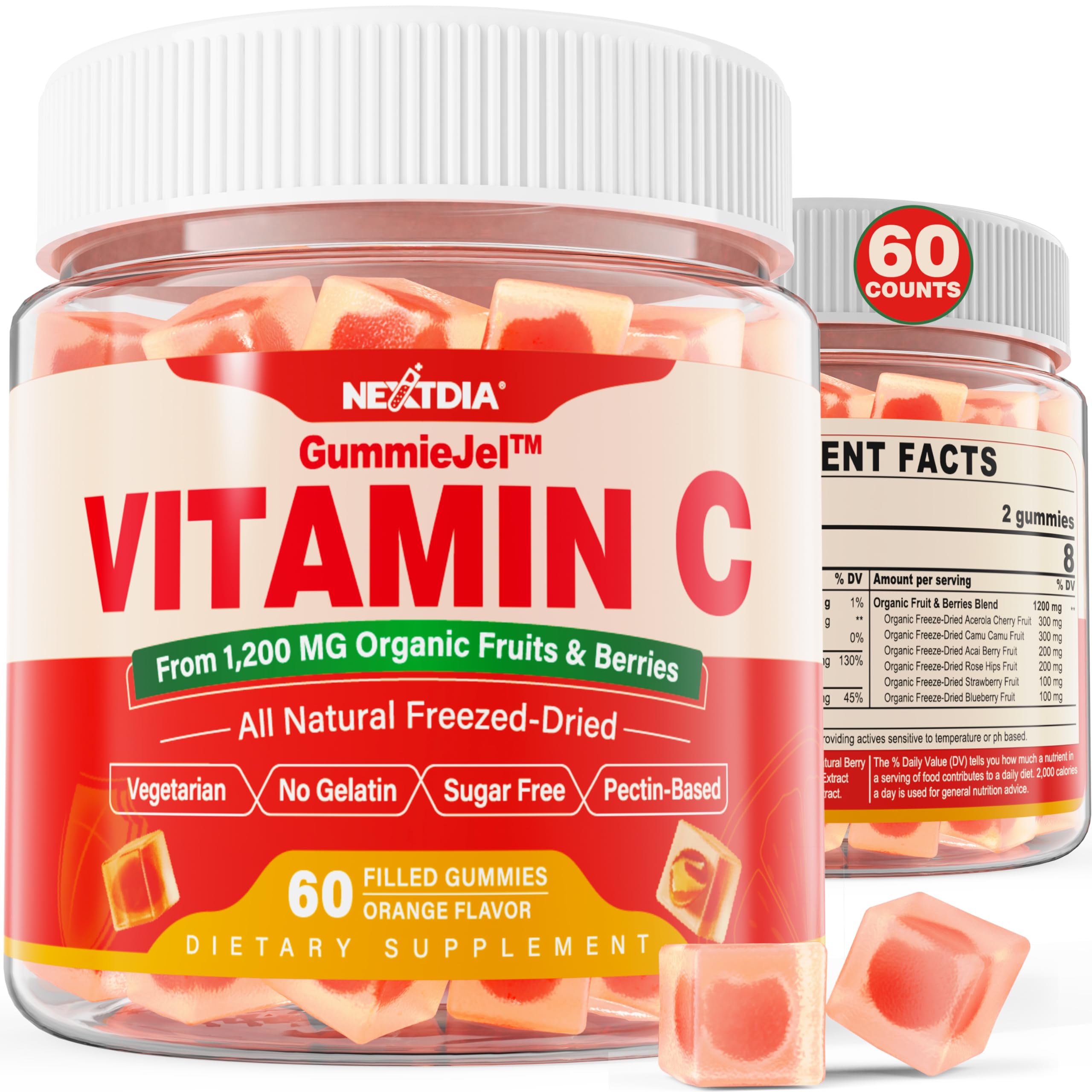 Whole Food Vitamin C Gummies for Adults & Kids, from 1200mg Freeze-Dried Fruits & Berries Blend, Raw Vitamin C Supplement, Antioxidants, Bioflavonoids & Polyphenols, Sugar Free, Orange Flavor, 60 Cts