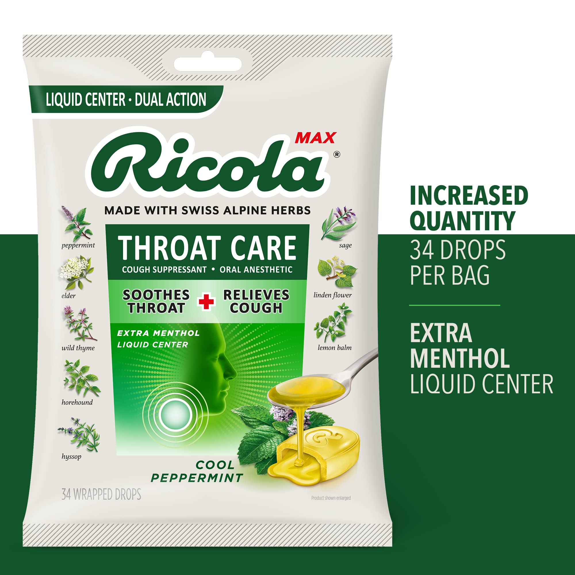 Ricola Max Throat Care Cool Peppermint Large Bags | Cough Suppressant Drops | Dual Action Liquid Center | Soothing Long-Lasting Relief - 34 Count (Pack of 2)