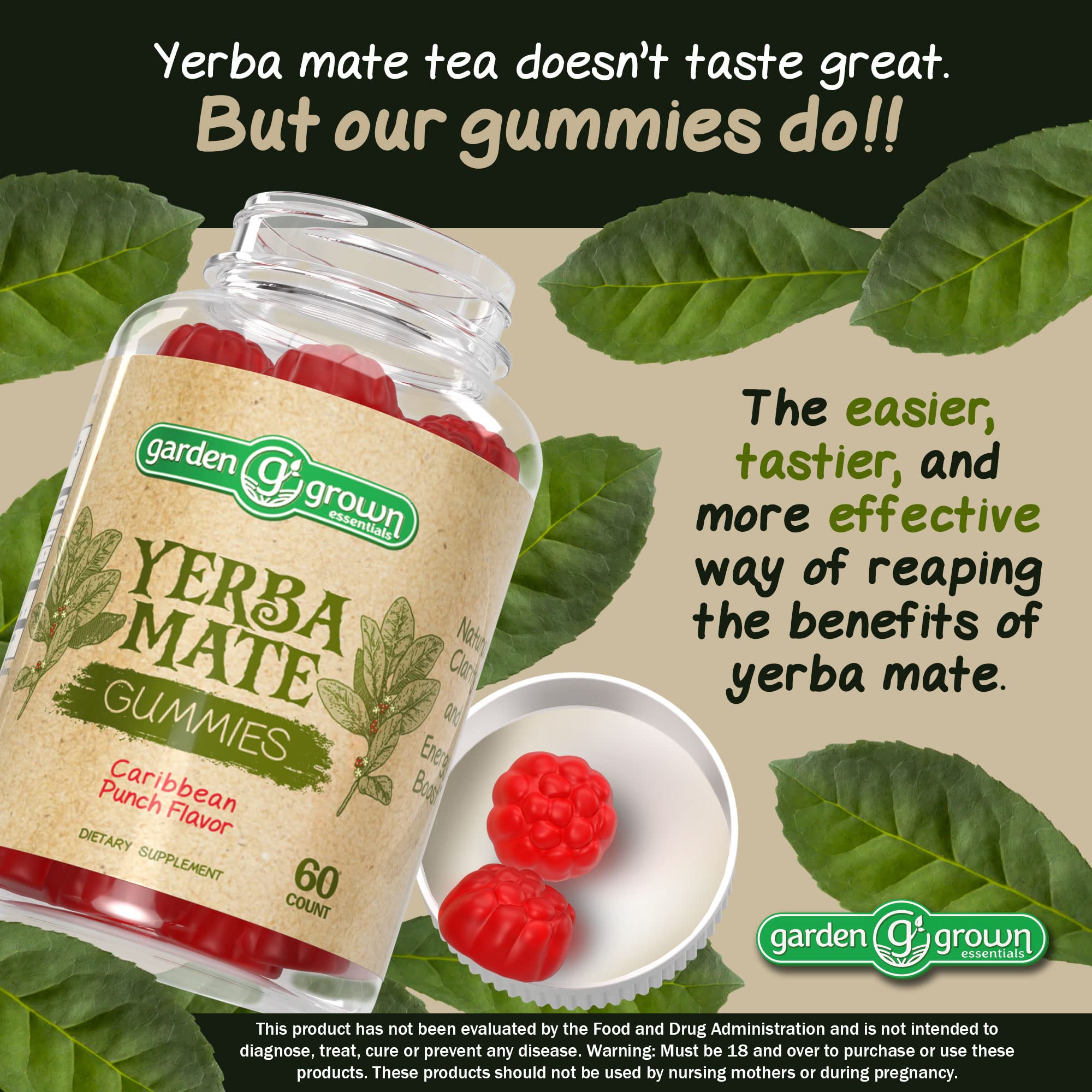 Yerba Mate Gummies - 1000 MG Per Serving 60,000 MG High Potency - Tastier, More Effective Way To Achieve Benefits of Yerba Mate - All Natural Energy and Clarity Boosting Gummy Supplement - Made in the USA (60 Count - Carribean Punch Flavor)