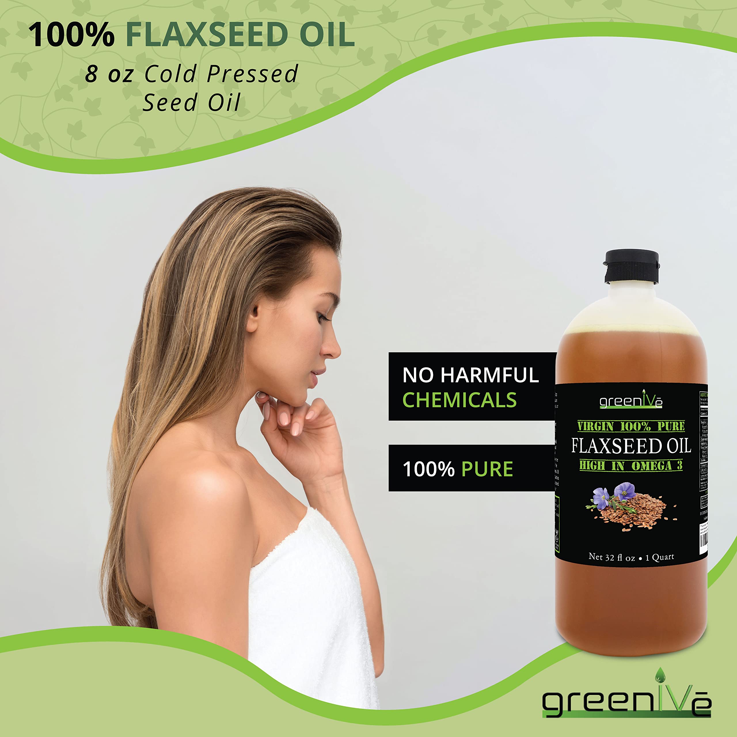 Greenive Flax Seed Oil 100% Pure Cold Pressed High Omegas Exclusively on Amazon (32 Fl Oz)