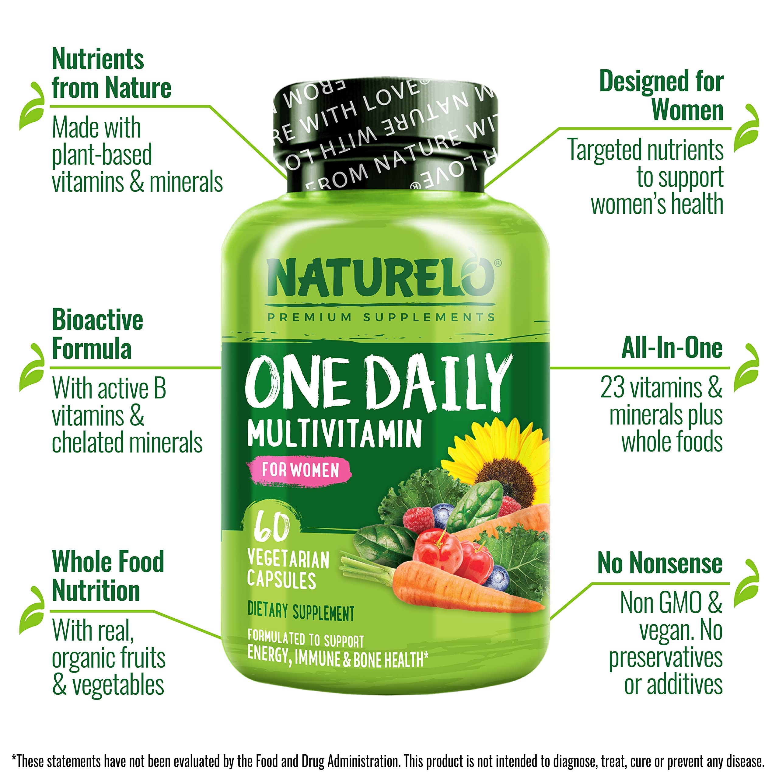 NATURELO One Daily Multivitamin for Women - Energy Support - Whole Food Supplement to Nourish Hair, Skin, Nails - Non-GMO - No Soy - Gluten Free - 120 Capsules - 4 Month Supply