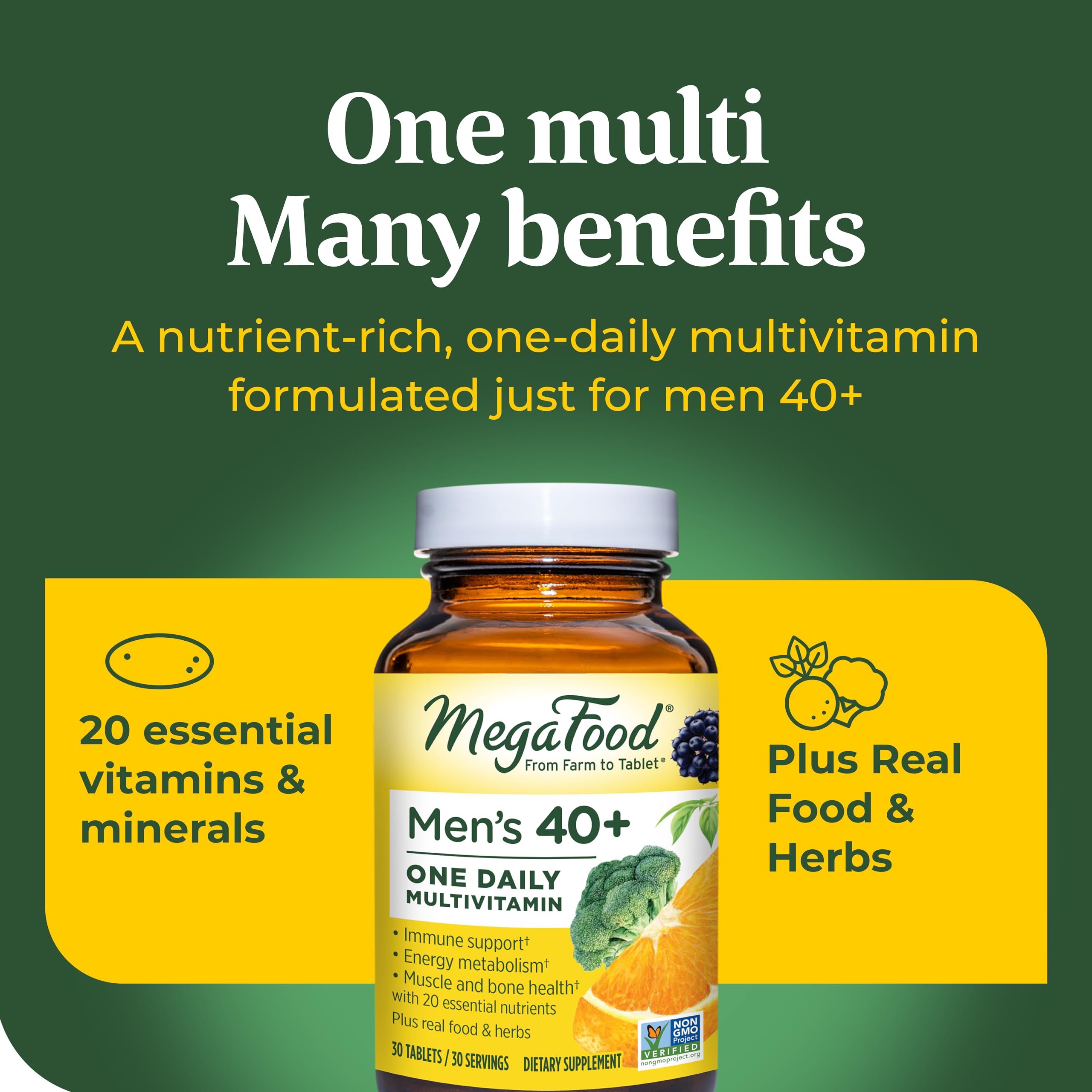 MegaFood Men's 40+ One Daily Multivitamin for Men with Vitamin B, Vitamin D3, Selenium, Zinc & Real Food - Immune Support, Energy Metabolism, and Muscle & Bone Health – Non GMO; Vegetarian - 30 Tabs