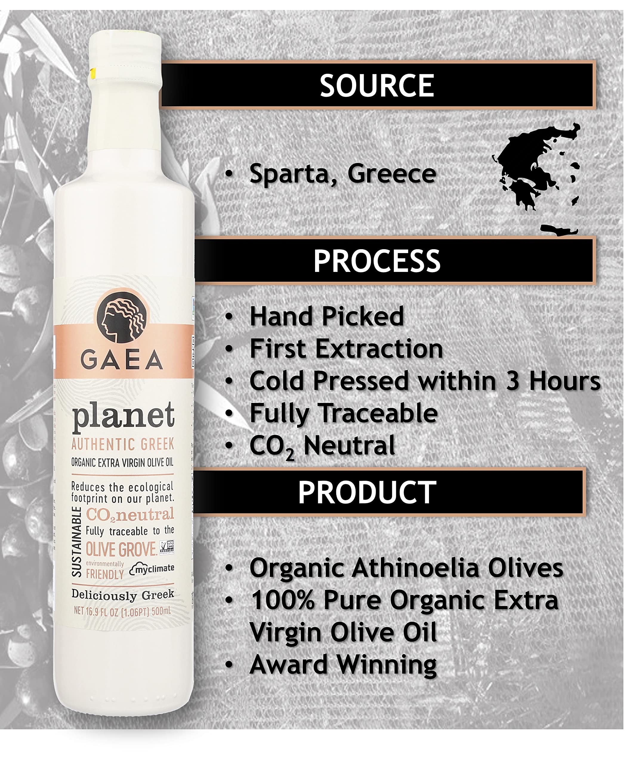 Gaea Greek Planet Organic Extra Virgin Olive Oil | First Cold Pressed | Non-GMO | Carbon Neutral | Robust Flavor Perfect for Dressings |16.9oz (Pack of 1)