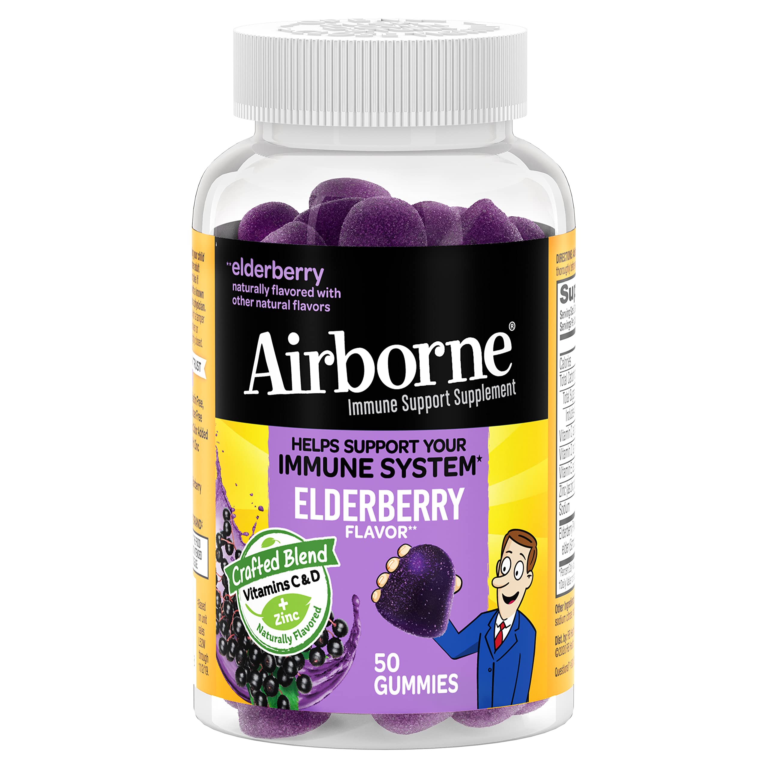 Airborne Elderberry + Zinc & Vitamin C Gummies For Adults, Immune Support Vitamin D & Zinc Gummies With Powerful Antioxidant Vitamins C D & E - 50 Gummies, Elderberry Flavor