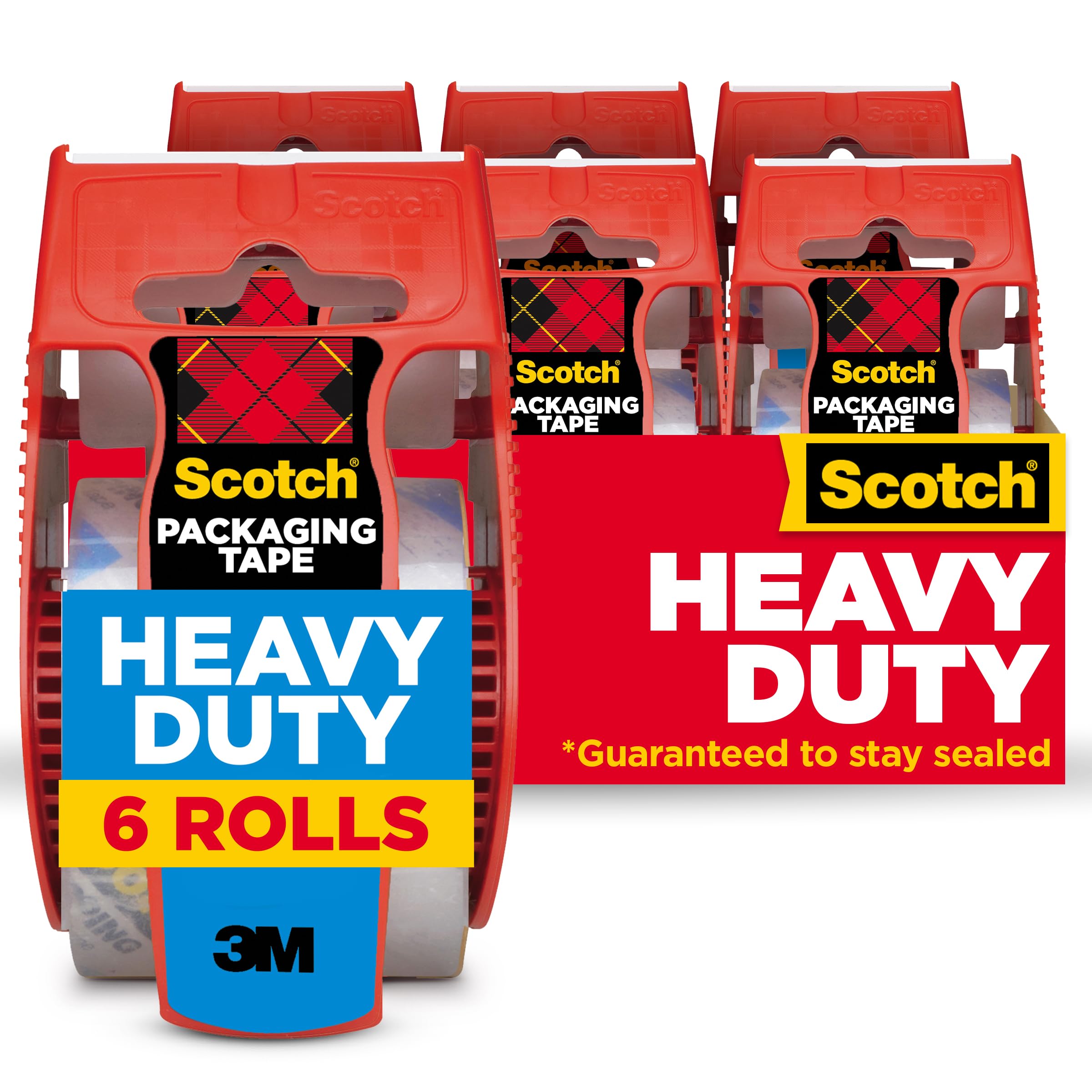 Scotch Heavy Duty Shipping Packing Tape, Clear, Holiday Shipping Supplies, 1.88 in. x 22.2 yd., 6 Tape Rolls with Dispensers