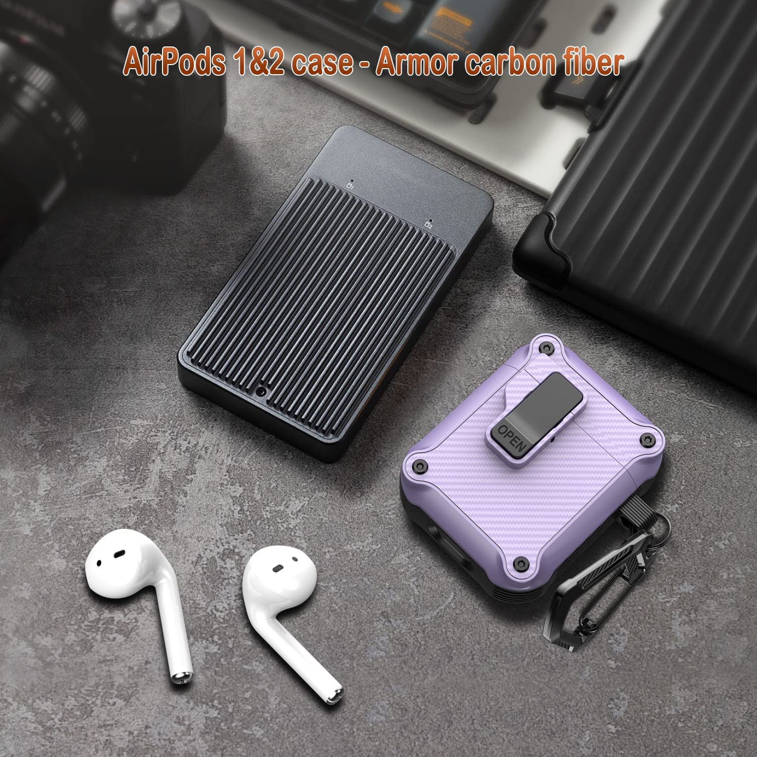 R-fun Airpods Case Cover with Automatic Secure Lock Clip, Protective Rugged Hard Shell for Apple Airpods 2nd & 1st Generation Charging Case with Carbon Fiber Keychain-Lavneder