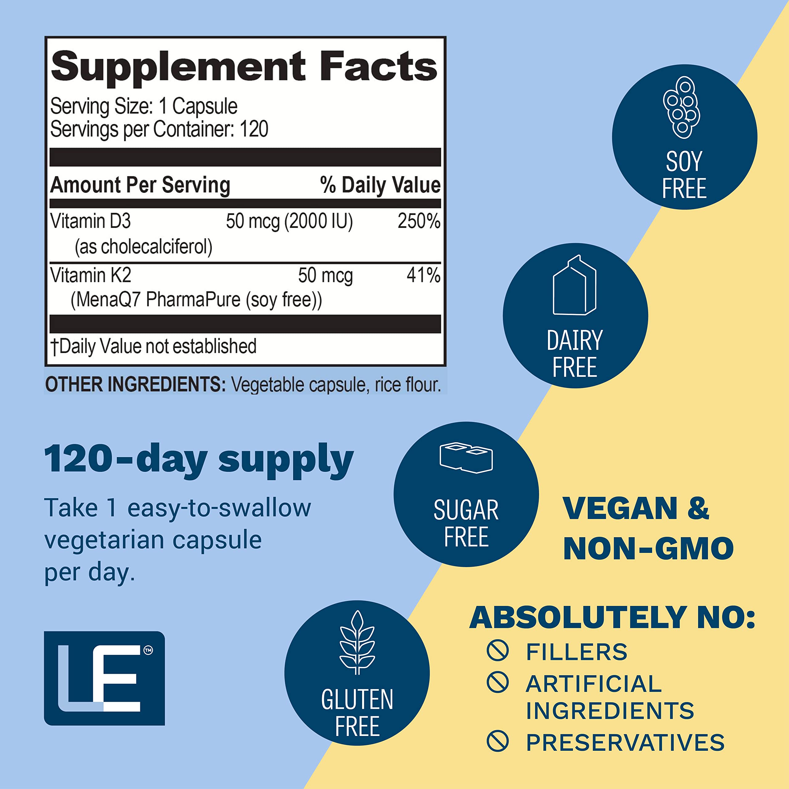 Ultra D3/K2 Vitamin D3 2000 IU with Vitamin K2 - Vitamin D Supplement for Healthy Bone Formation, Cardiovascular Health, and Immune Support - Count 120 Servings