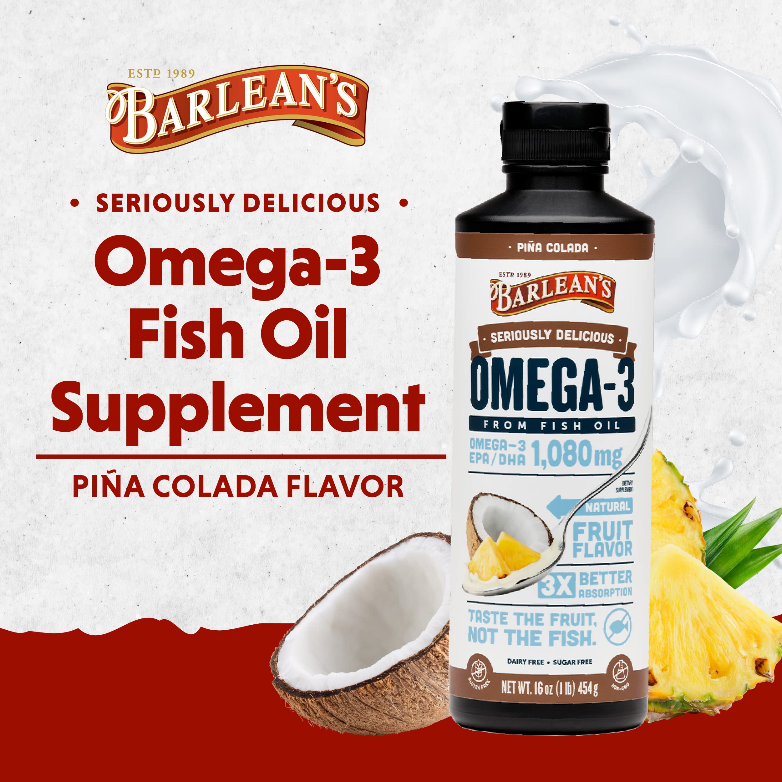 Barlean's Pina Colada High Potency Omega 3 Fish Oil Liquid Supplement 1080mg of Omega 3 EPA & DHA Fatty Acid, Smoothie Flavored & Burpless for Brain, Joint, & Heart Health, 16 oz