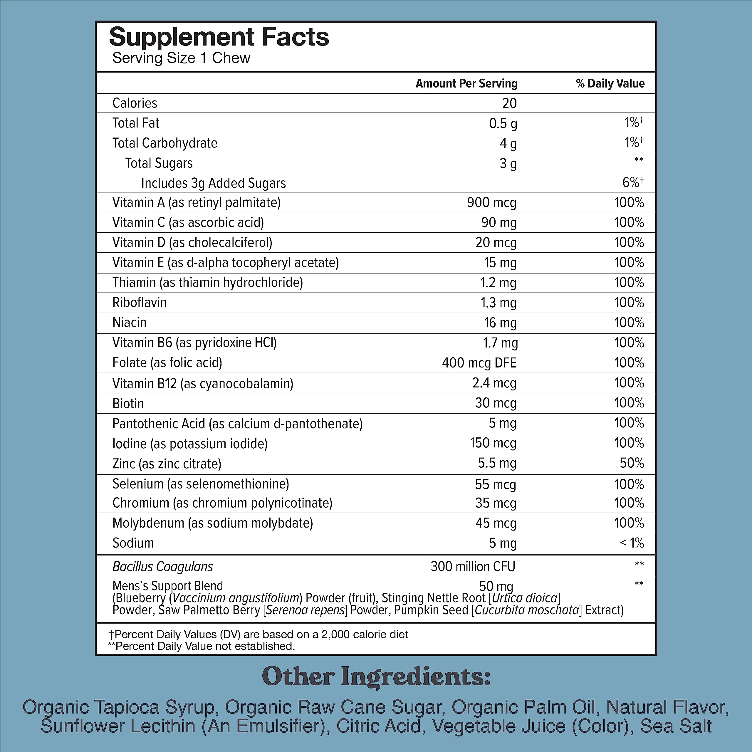 Chewsy Men's Multivitamin Chews, Immune & Energy Support, Vitamin A, B12, C, D3, E, Folic Acid, Probiotics, Saw Palmetto, Zinc, Adult Chewable Vitamin, Individually Wrapped Chews, 30-Day Supply (1)