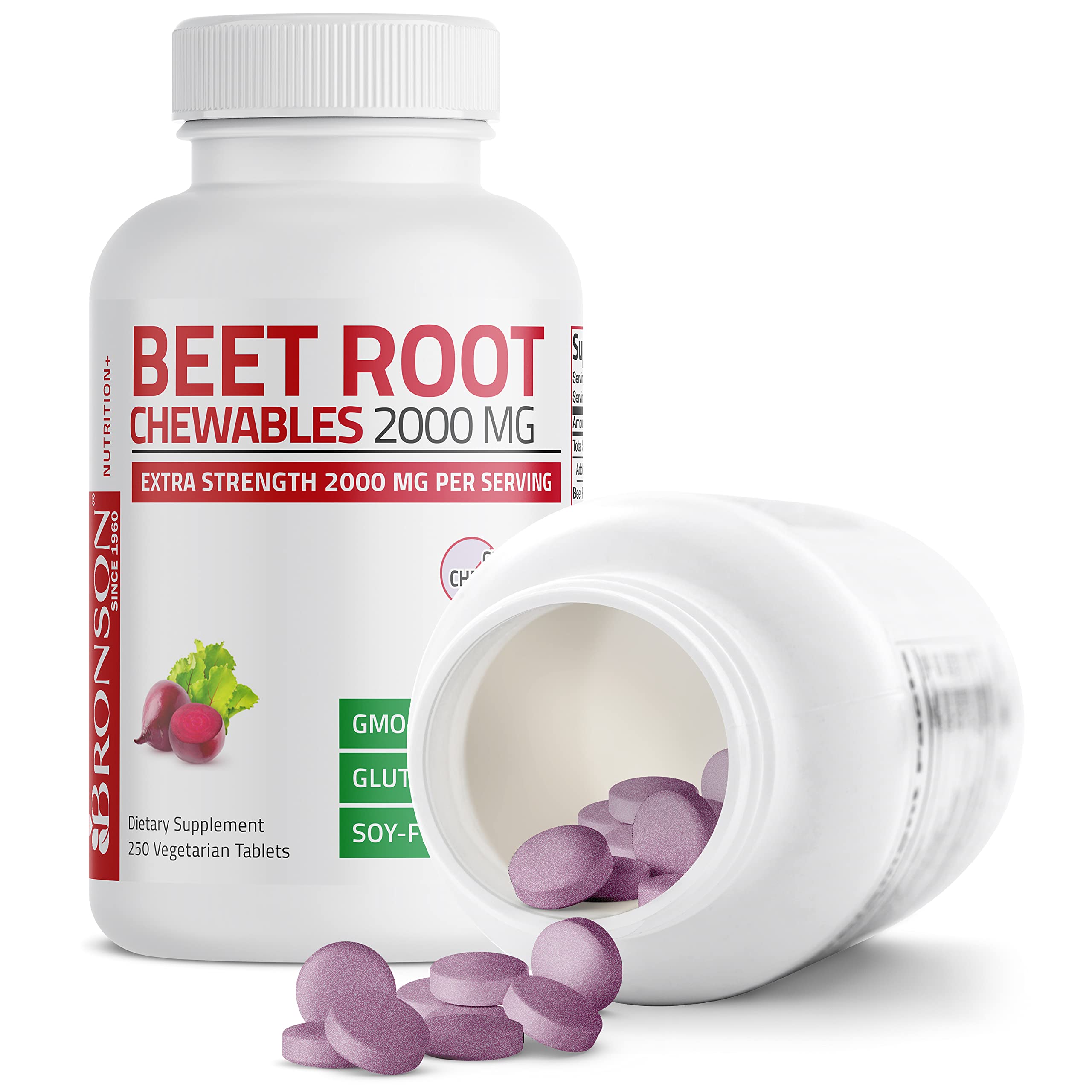 Bronson Beet Root Chewables 2000 MG, Grape Flavored - Extra Strength 2000 MG Per Serving Circulation Support Heart Health & Stamina, Non-GMO, 250 Vegetarian Grape Flavored Chewable Tablets