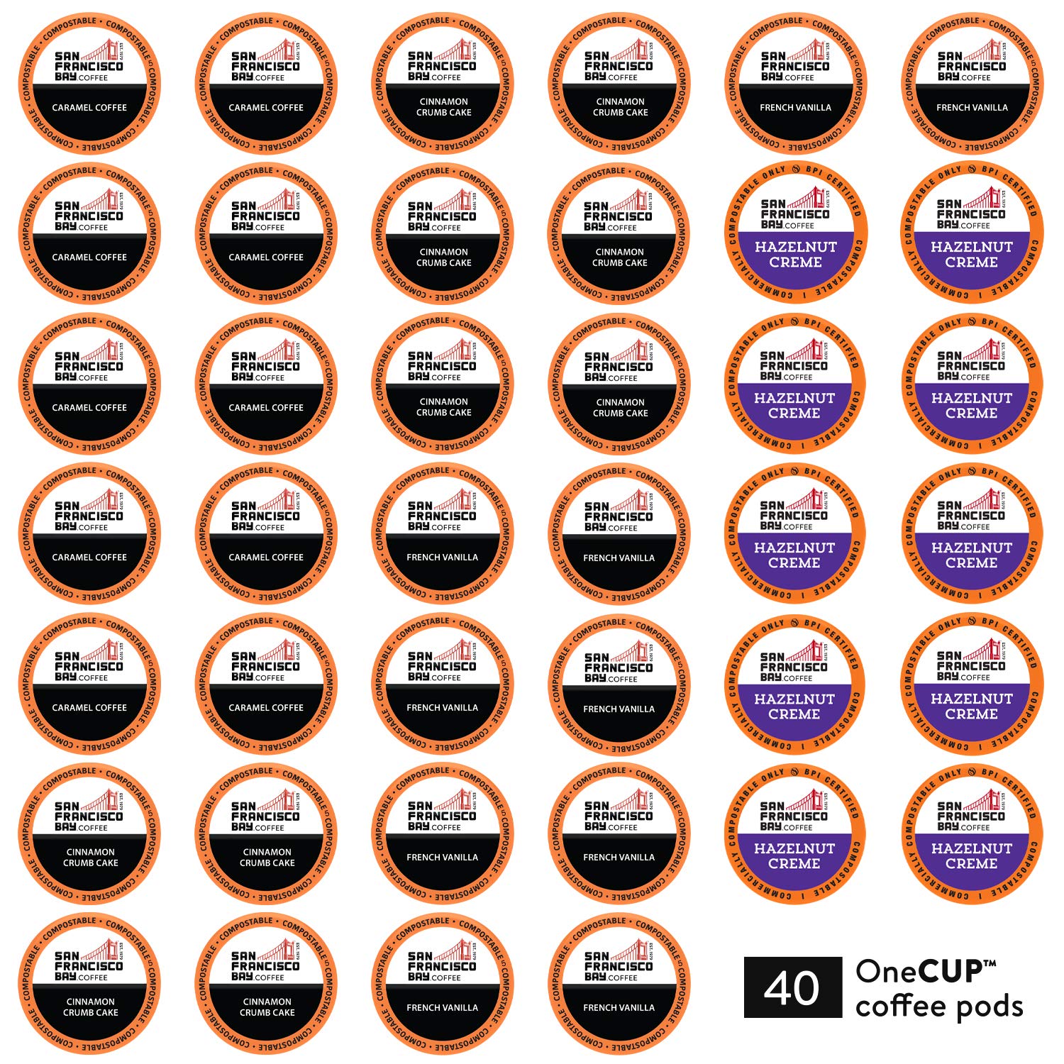 San Francisco Bay Compostable Coffee Pods - Variety Pack Flavored (40 Ct) K Cup Compatible including Keurig 2.0, Hazelnut, Cinnamon, Caramel, Vanilla Flavored Coffee