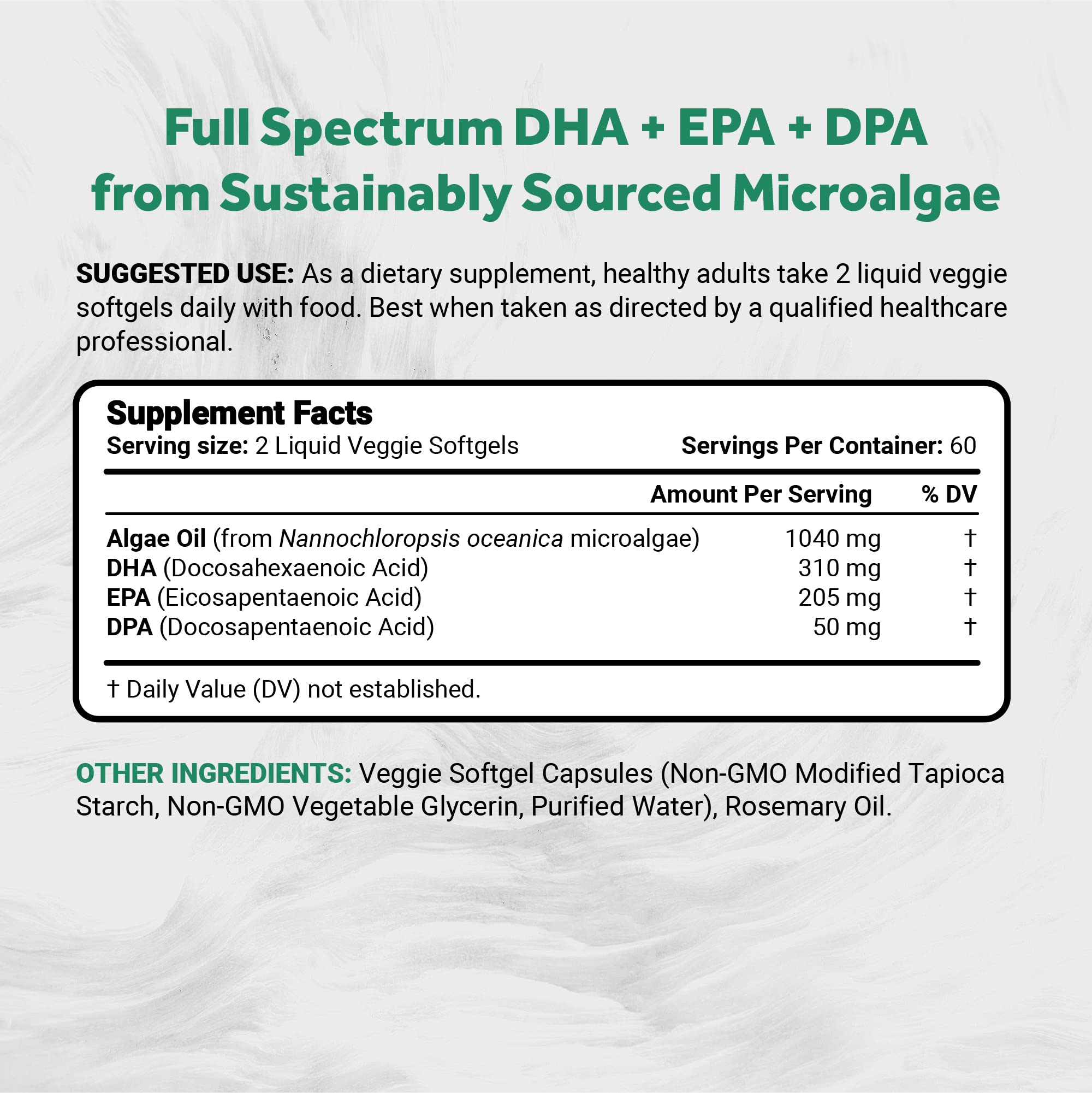 Naturalis Vegan Omega 3 DHA, EPA & DPA from Algae | Vegan Society Certified, Sustainably Sourced, True Full Spectrum | 120 Veggie Softgels (Carrageenan Free)